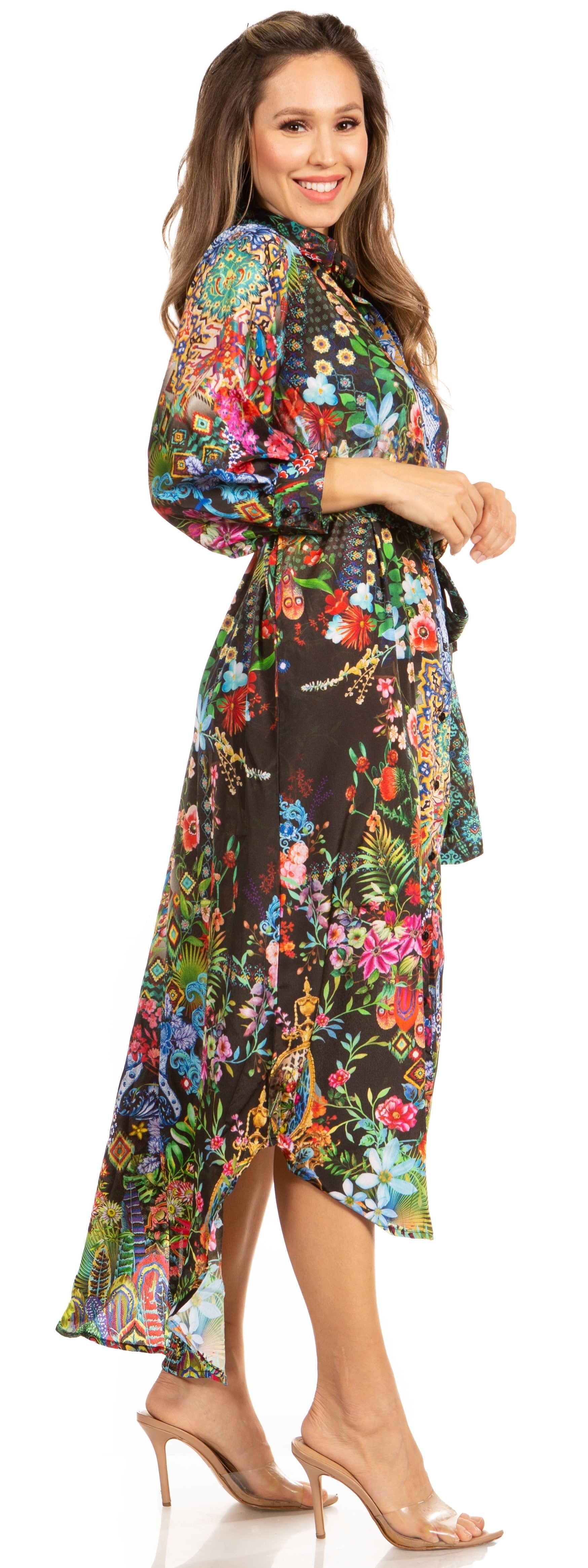 Sakkas Rina Women's Floral Print Maxi Dress with Long Sleeves and Flounce Shirt Design - Concordia Style Boutique
