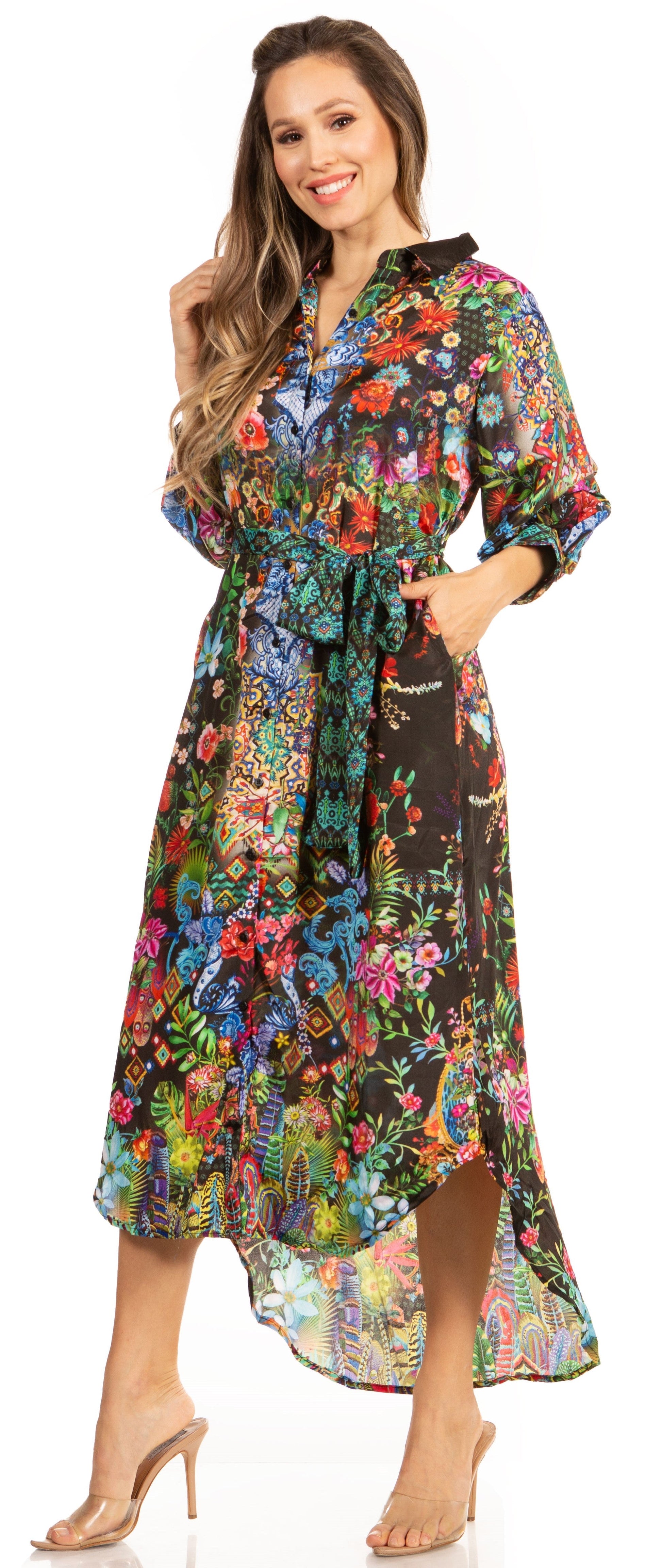 Sakkas Rina Women's Floral Print Maxi Dress with Long Sleeves and Flounce Shirt Design - Concordia Style Boutique