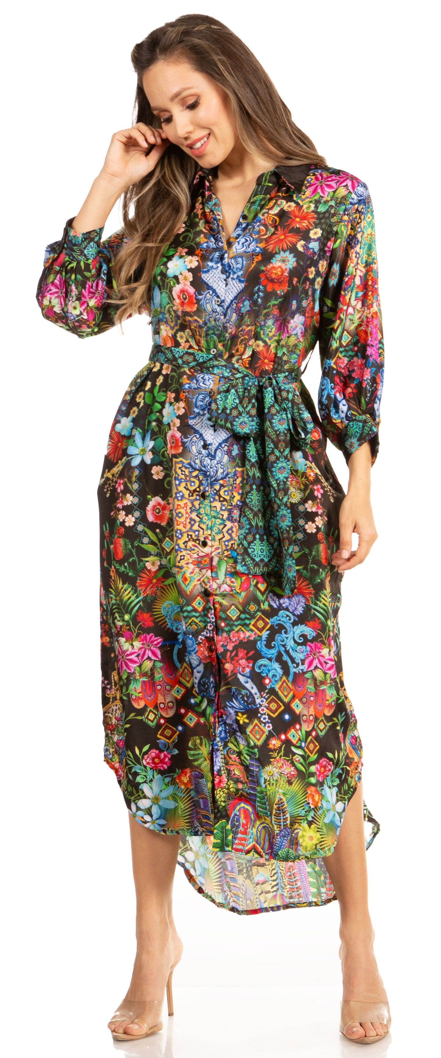 Sakkas Rina Women's Floral Print Maxi Dress with Long Sleeves and Flounce Shirt Design - Concordia Style Boutique