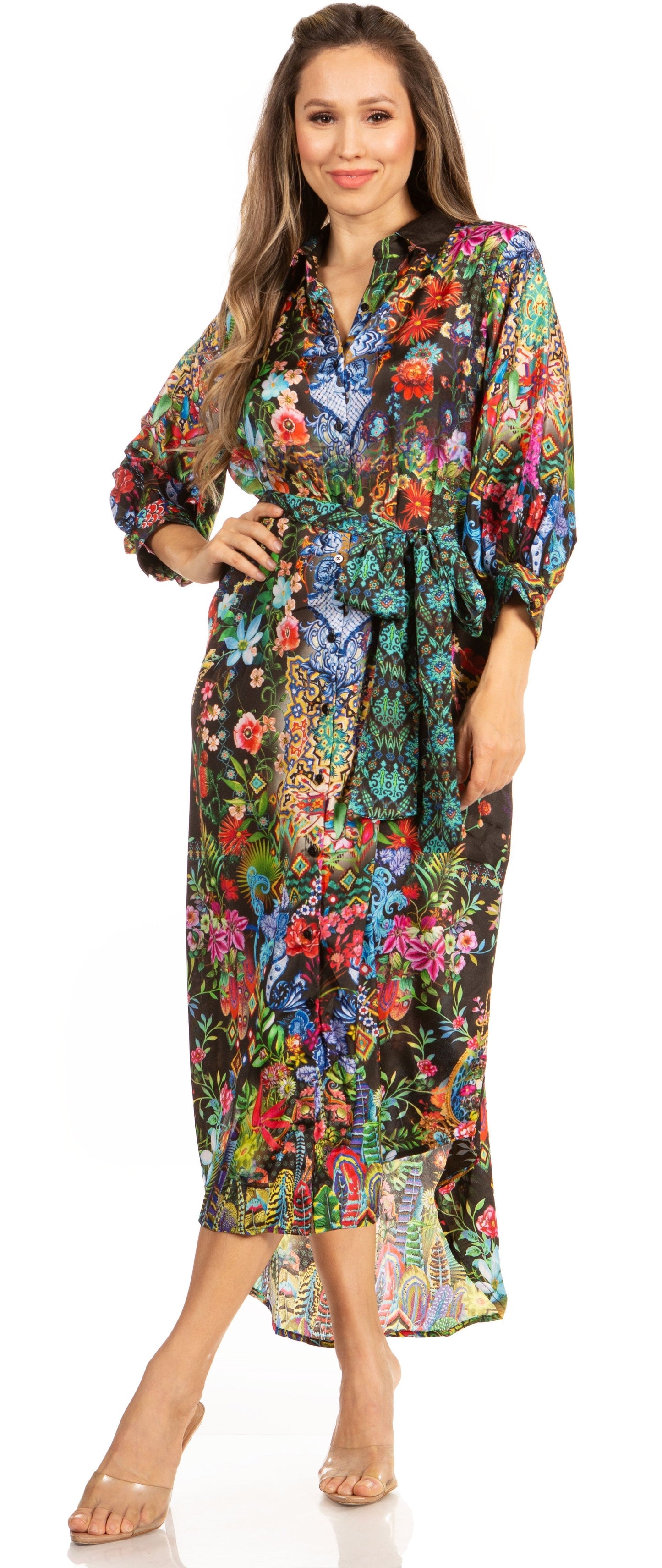 Sakkas Rina Women's Floral Print Maxi Dress with Long Sleeves and Flounce Shirt Design - Concordia Style Boutique