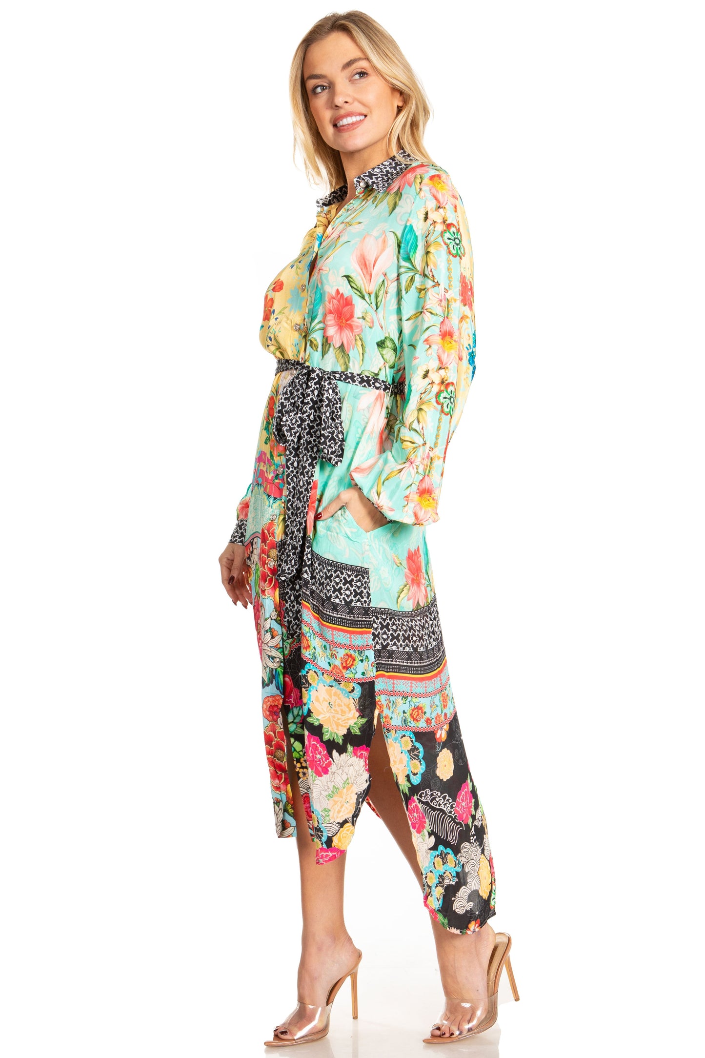 Sakkas Rina Women's Floral Print Maxi Dress with Long Sleeves and Flounce Shirt Design - Concordia Style Boutique