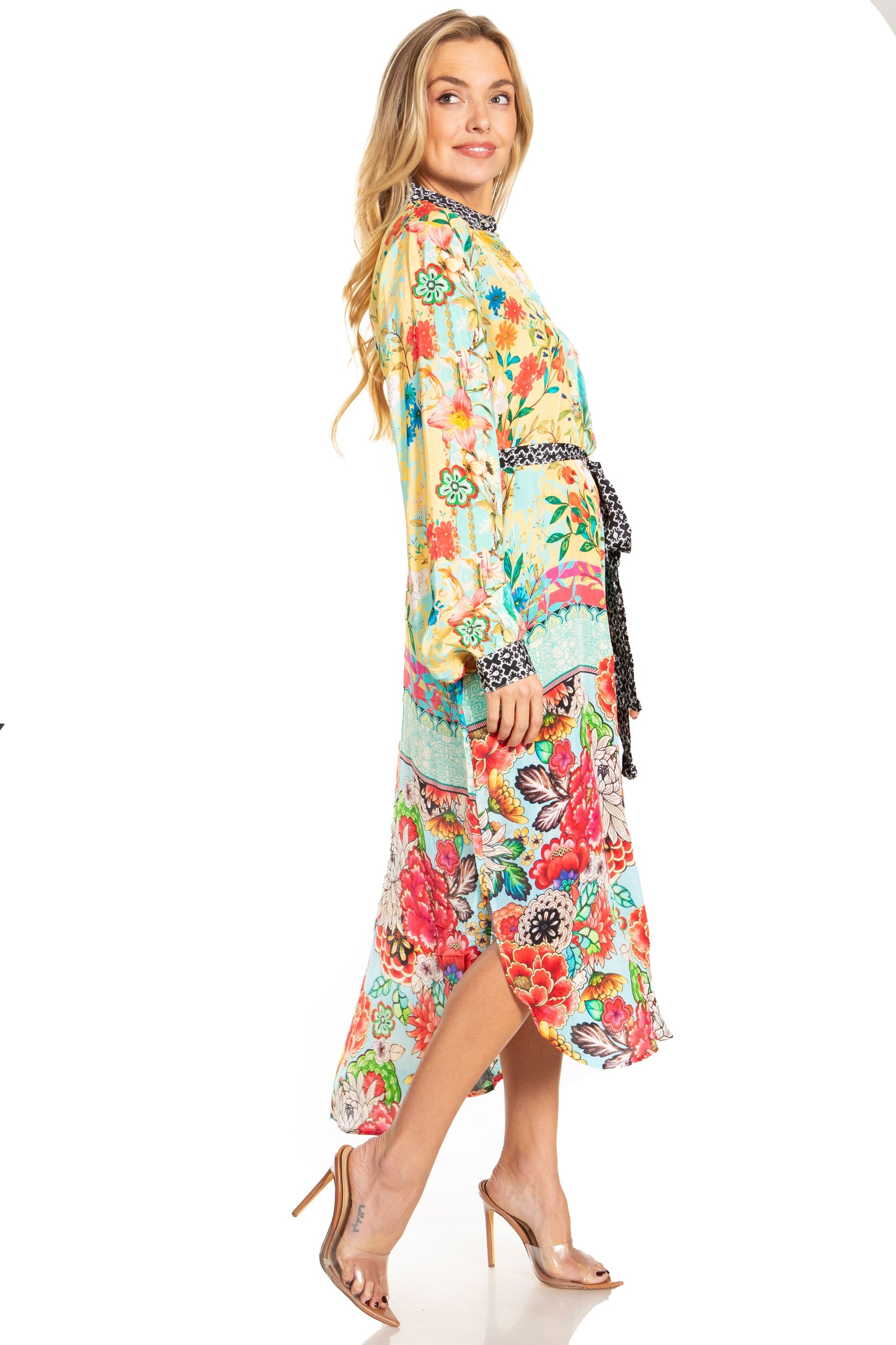 Sakkas Rina Women's Floral Print Maxi Dress with Long Sleeves and Flounce Shirt Design - Concordia Style Boutique