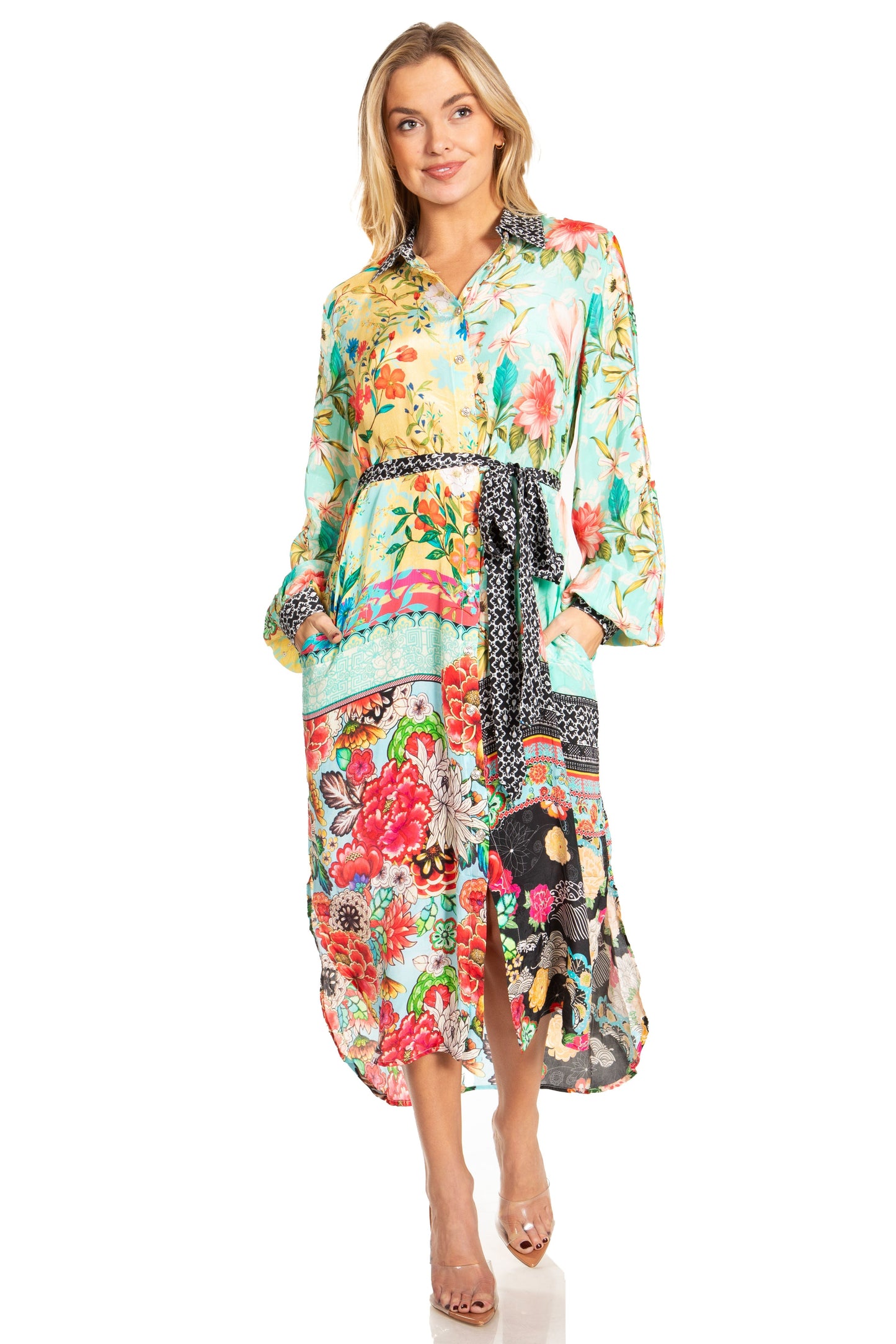 Sakkas Rina Women's Floral Print Maxi Dress with Long Sleeves and Flounce Shirt Design - Concordia Style Boutique