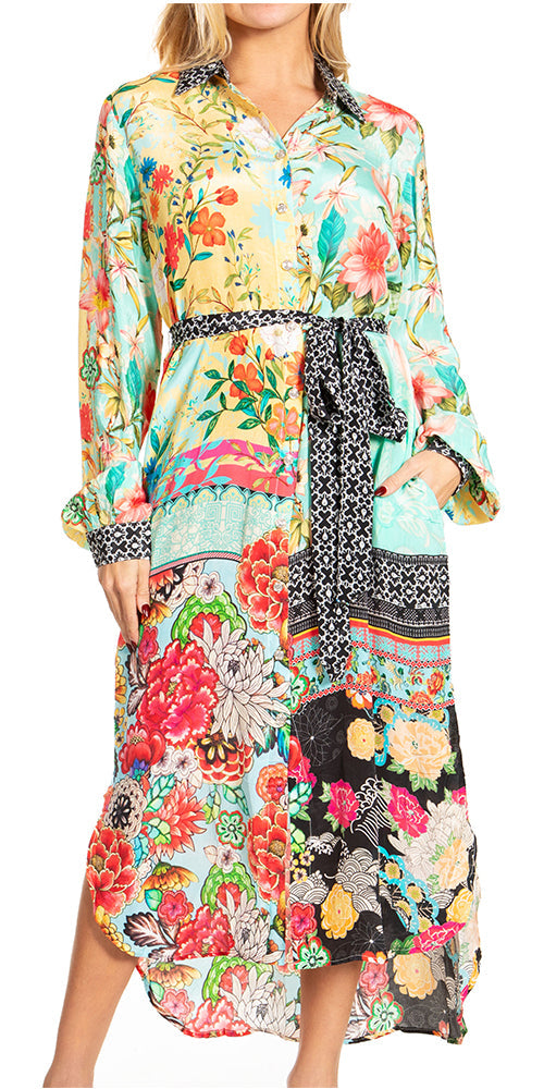 Sakkas Rina Women's Floral Print Maxi Dress with Long Sleeves and Flounce Shirt Design - Concordia Style Boutique
