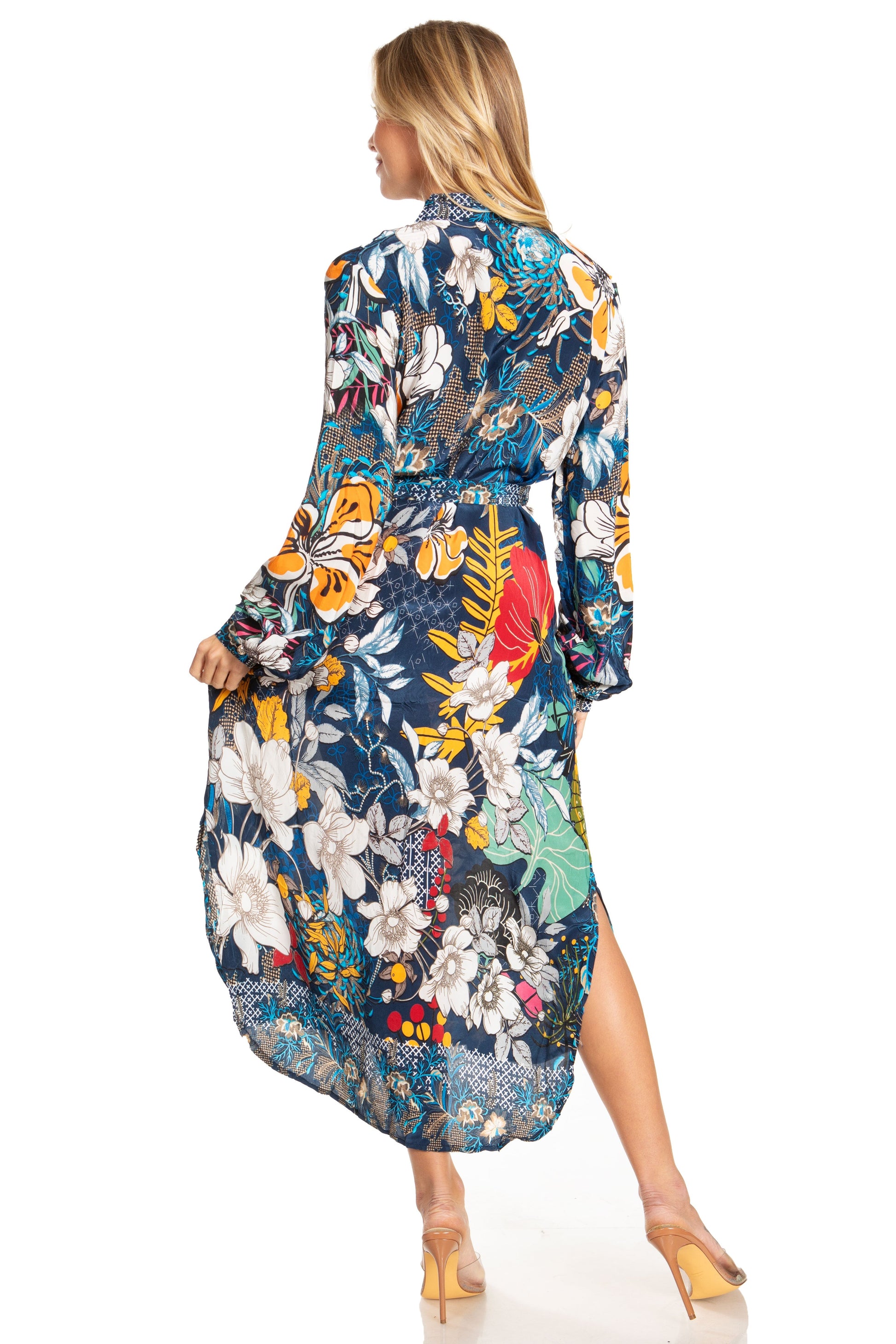 Sakkas Rina Women's Floral Print Maxi Dress with Long Sleeves and Flounce Shirt Design - Concordia Style Boutique
