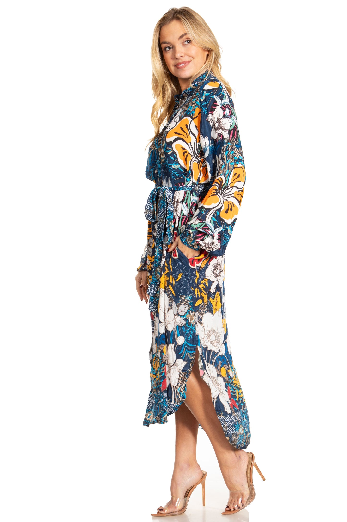 Sakkas Rina Women's Floral Print Maxi Dress with Long Sleeves and Flounce Shirt Design - Concordia Style Boutique