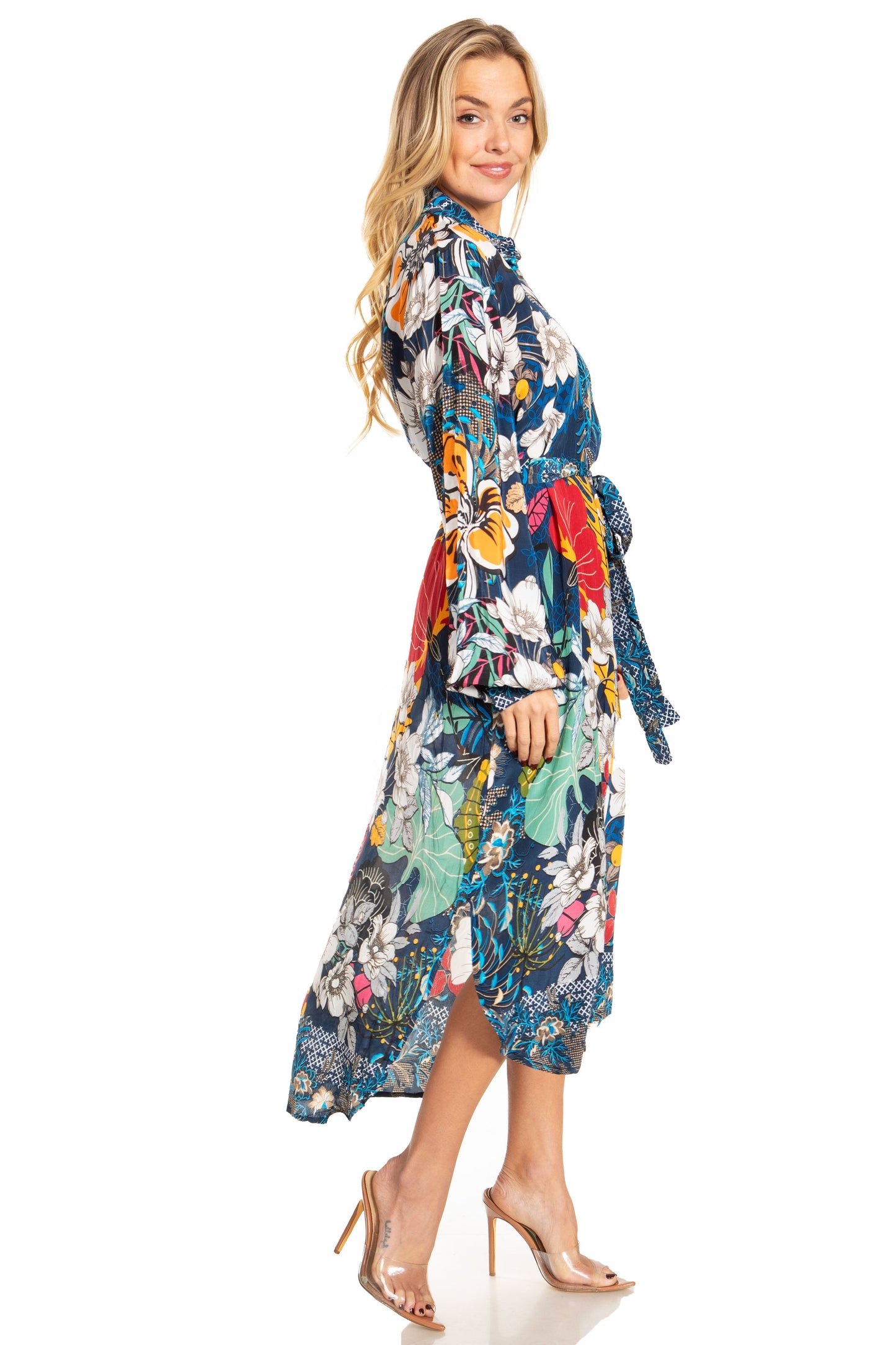 Sakkas Rina Women's Floral Print Maxi Dress with Long Sleeves and Flounce Shirt Design - Concordia Style Boutique
