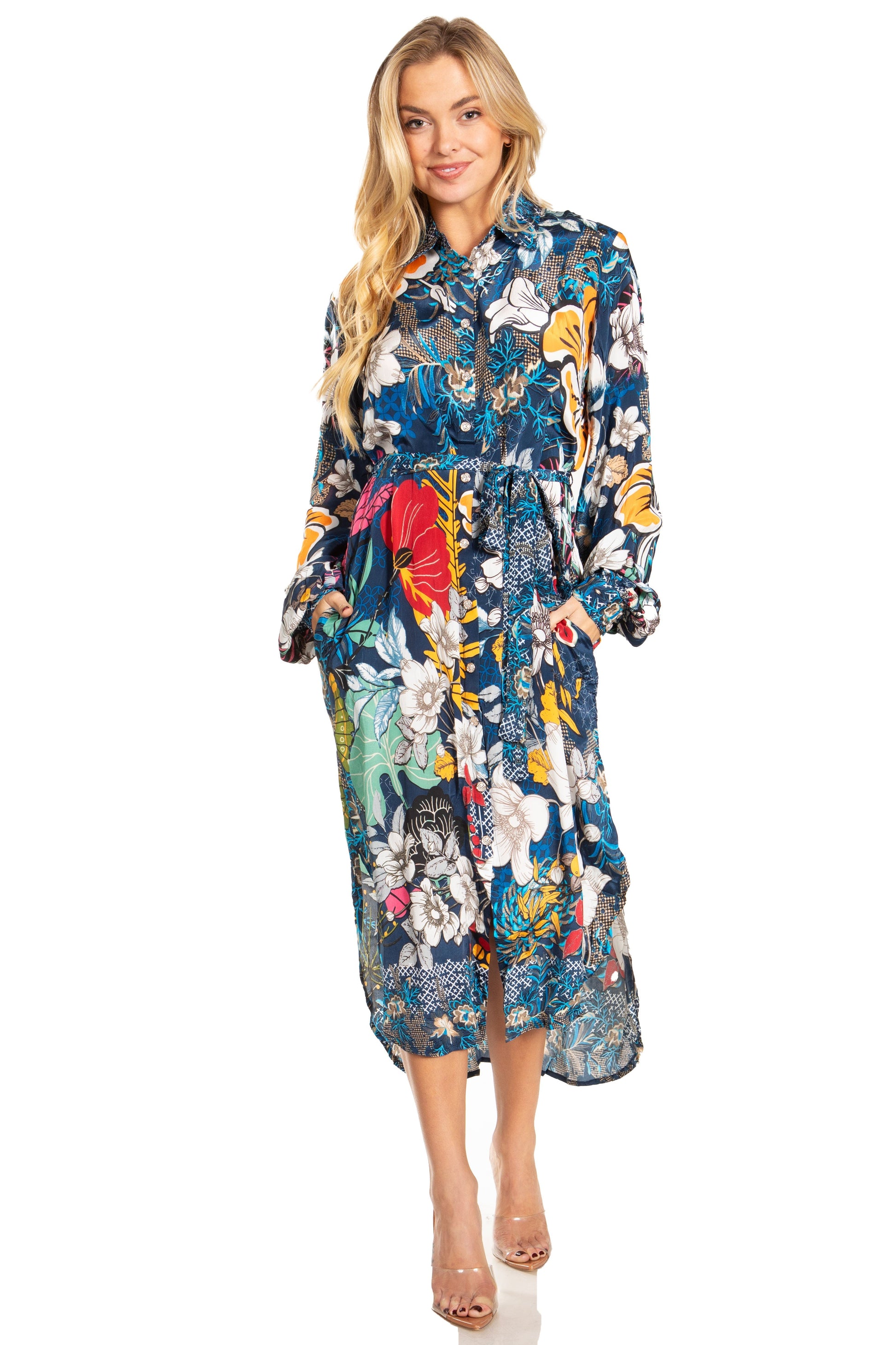 Sakkas Rina Women's Floral Print Maxi Dress with Long Sleeves and Flounce Shirt Design - Concordia Style Boutique