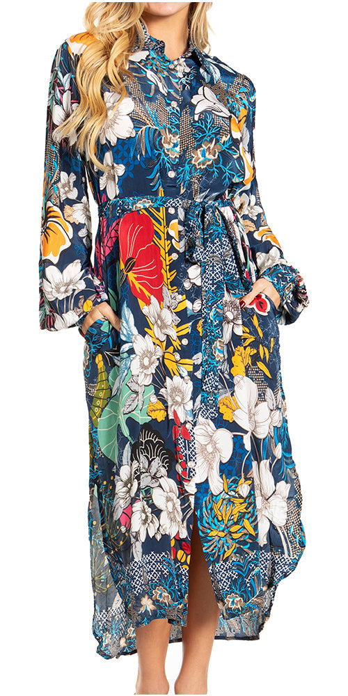 Sakkas Rina Women's Floral Print Maxi Dress with Long Sleeves and Flounce Shirt Design - Concordia Style Boutique