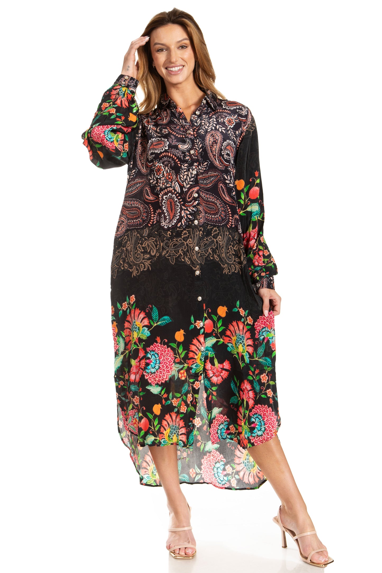 Sakkas Rina Women's Floral Print Maxi Dress with Long Sleeves and Flounce Shirt Design - Concordia Style Boutique