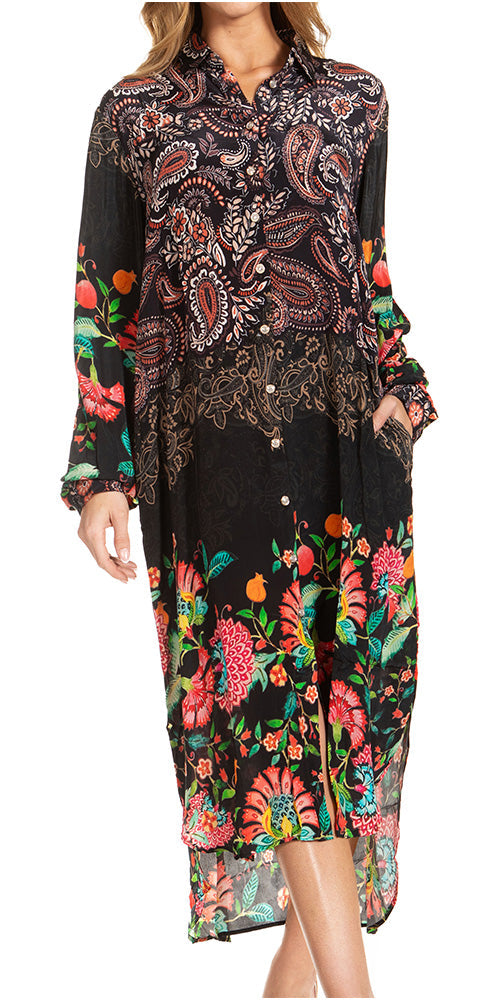 Sakkas Rina Women's Floral Print Maxi Dress with Long Sleeves and Flounce Shirt Design - Concordia Style Boutique
