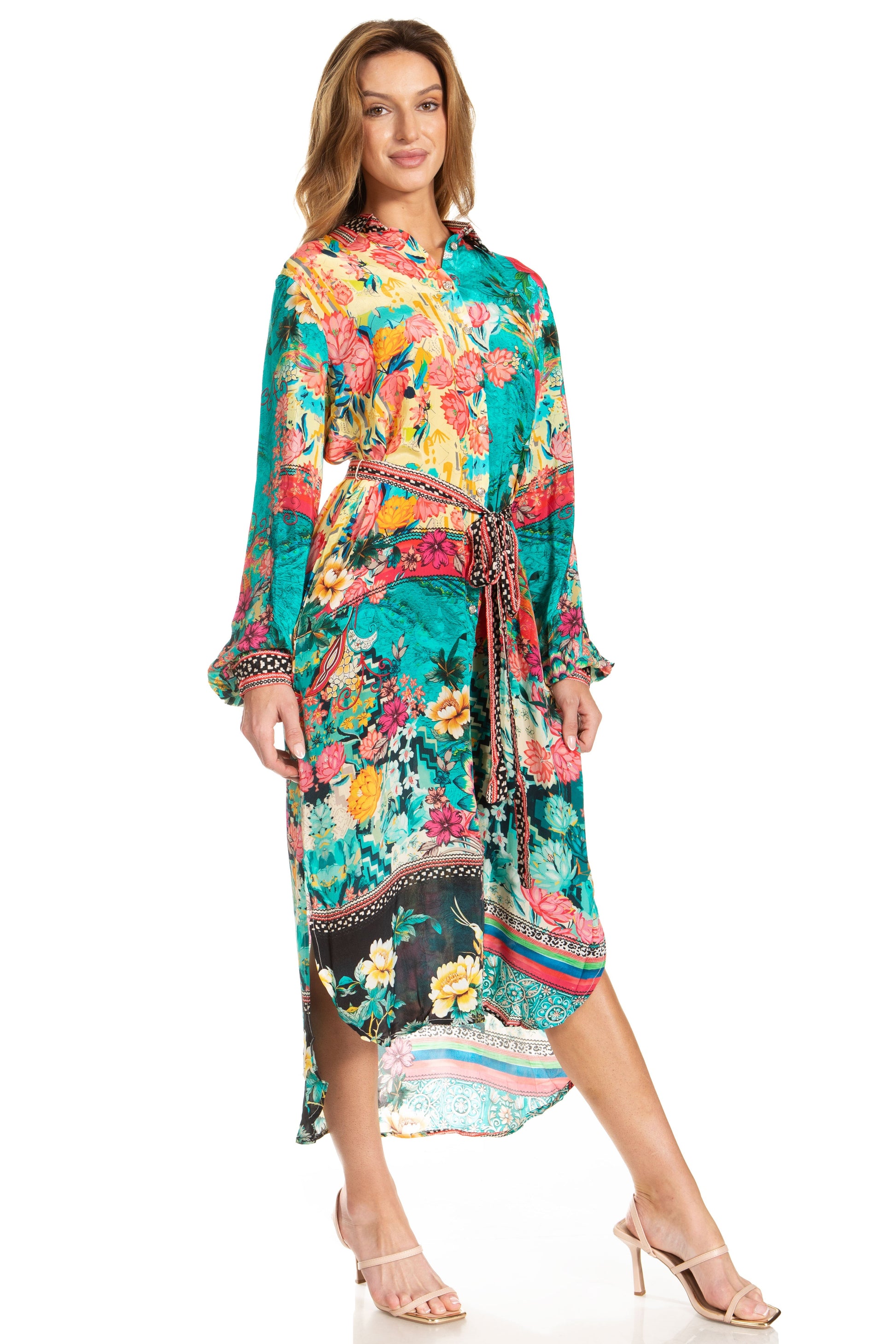Sakkas Rina Women's Floral Print Maxi Dress with Long Sleeves and Flounce Shirt Design - Concordia Style Boutique