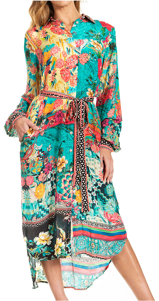 Sakkas Rina Women's Floral Print Maxi Dress with Long Sleeves and Flounce Shirt Design - Concordia Style Boutique