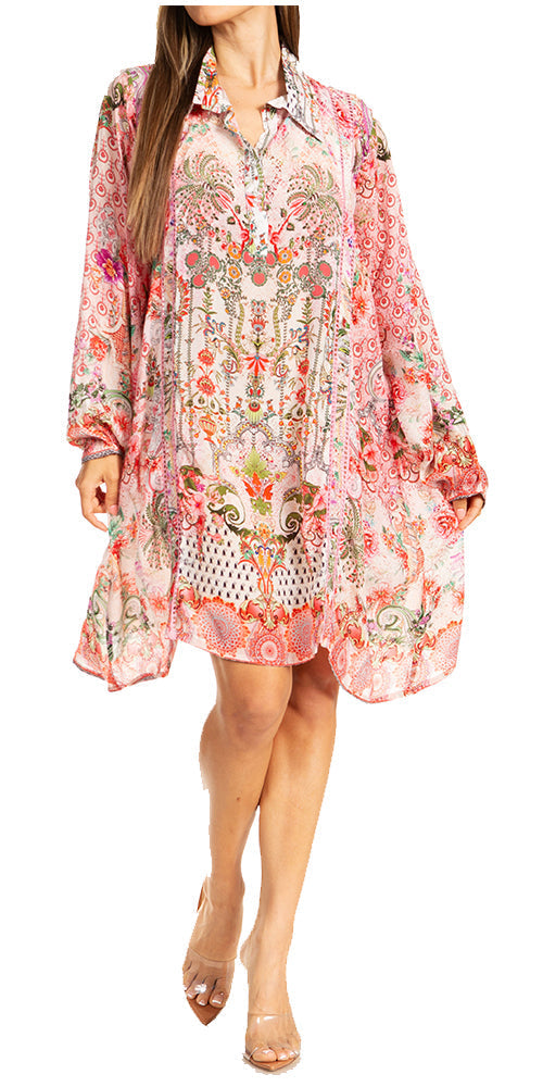Sakkas Womens Long Sleeves Collared Neck Spring/Summer Short Shirt Dress/Cover-up - Concordia Style Boutique