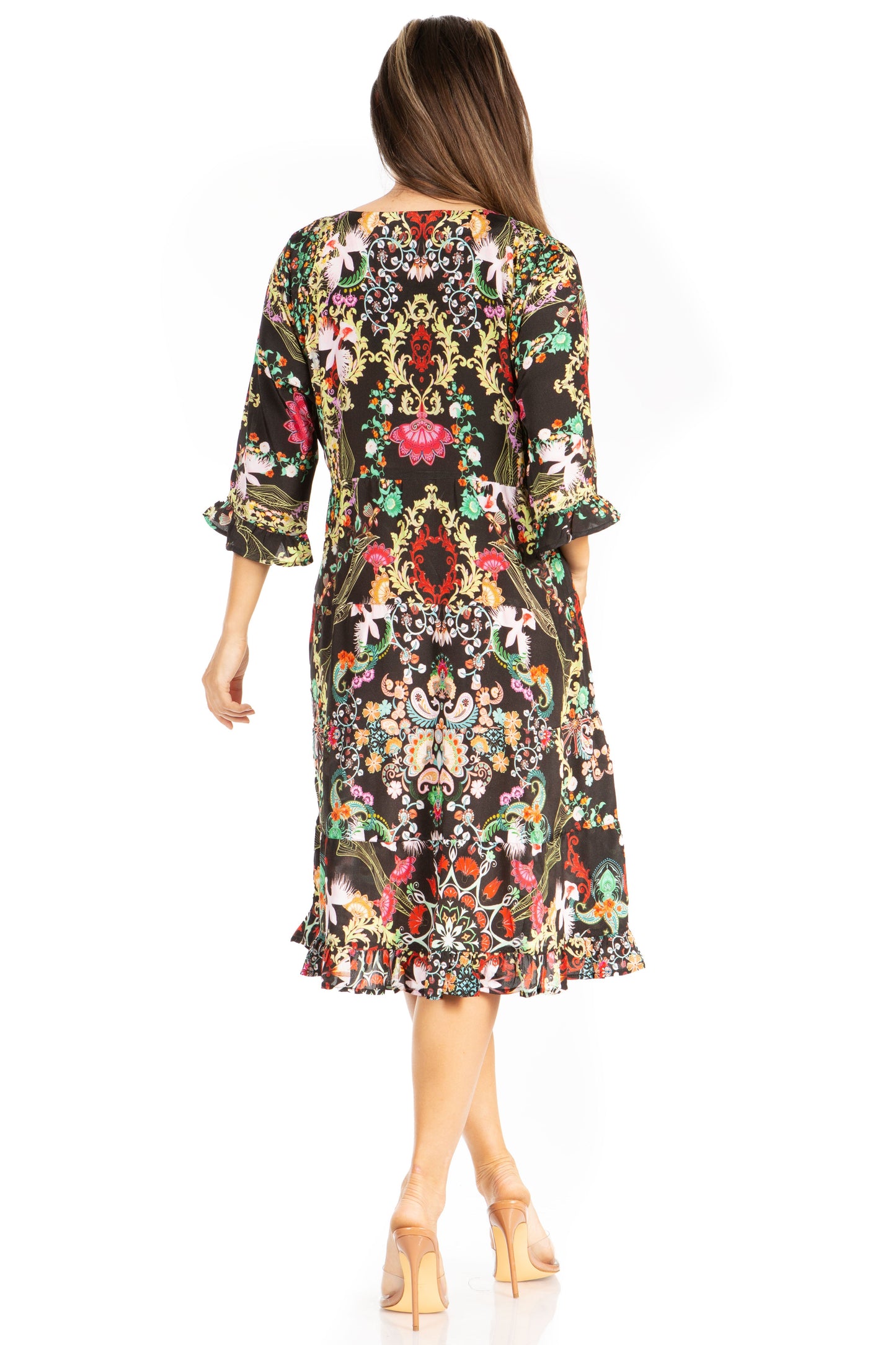Sakkas Ozana Women's Floral Midi Cocktail Dress, V-Neck, 3/4 Sleeve - Concordia Style Boutique