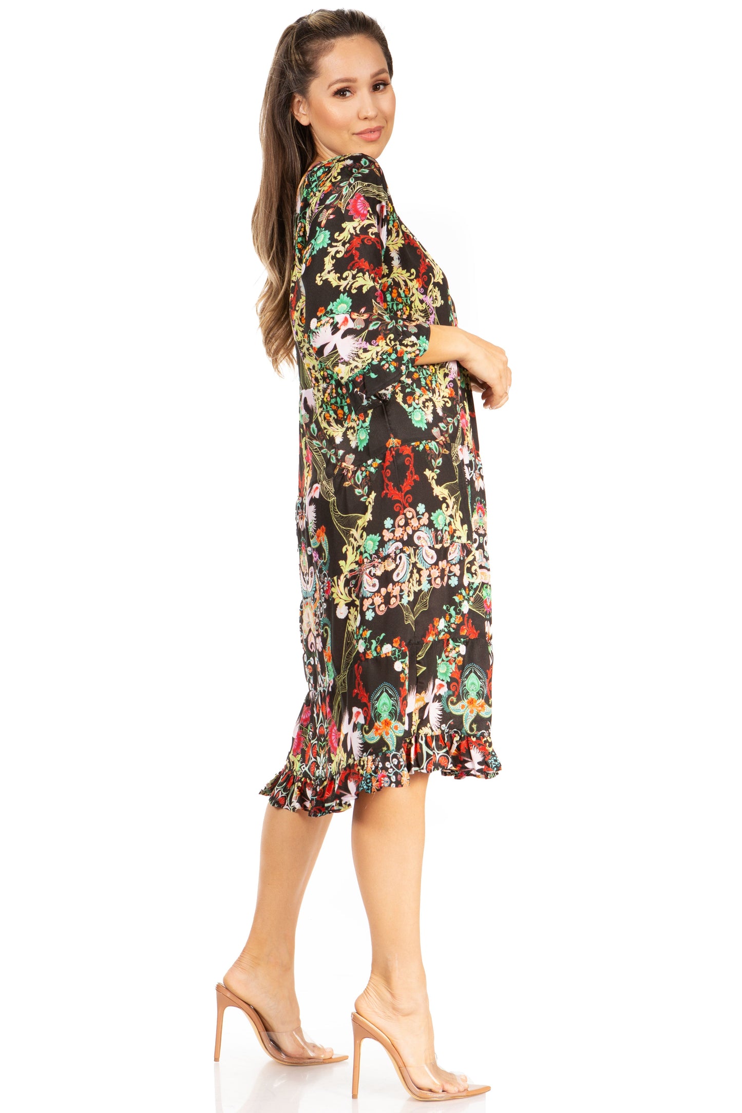 Sakkas Ozana Women's Floral Midi Cocktail Dress, V-Neck, 3/4 Sleeve - Concordia Style Boutique