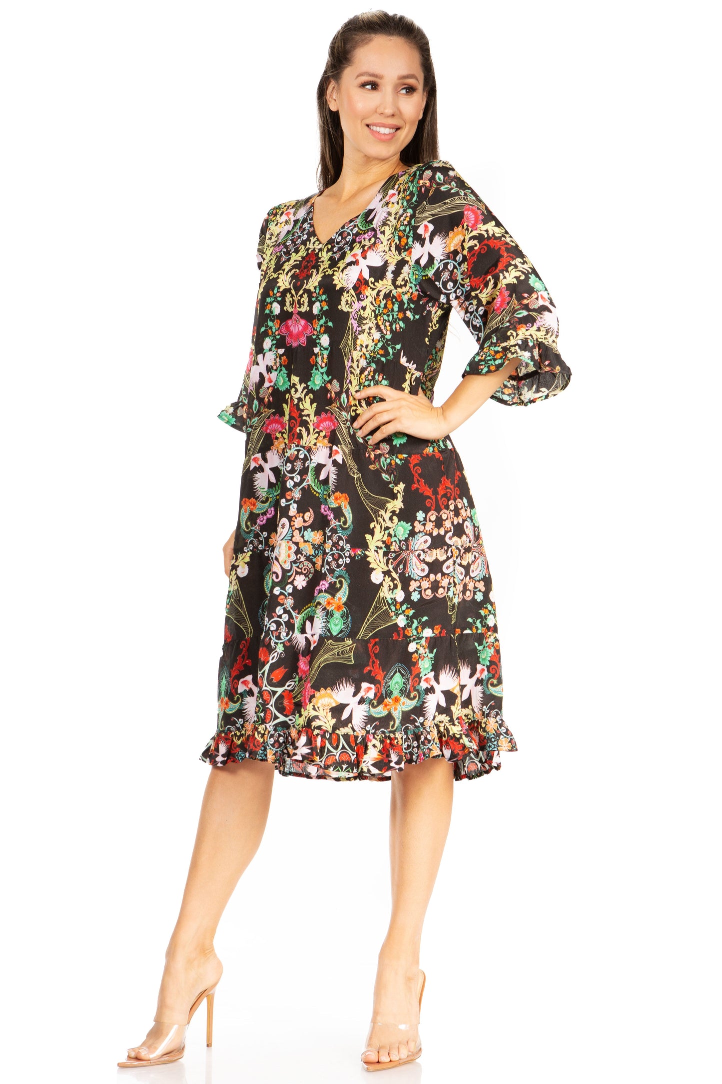 Sakkas Ozana Women's Floral Midi Cocktail Dress, V-Neck, 3/4 Sleeve - Concordia Style Boutique