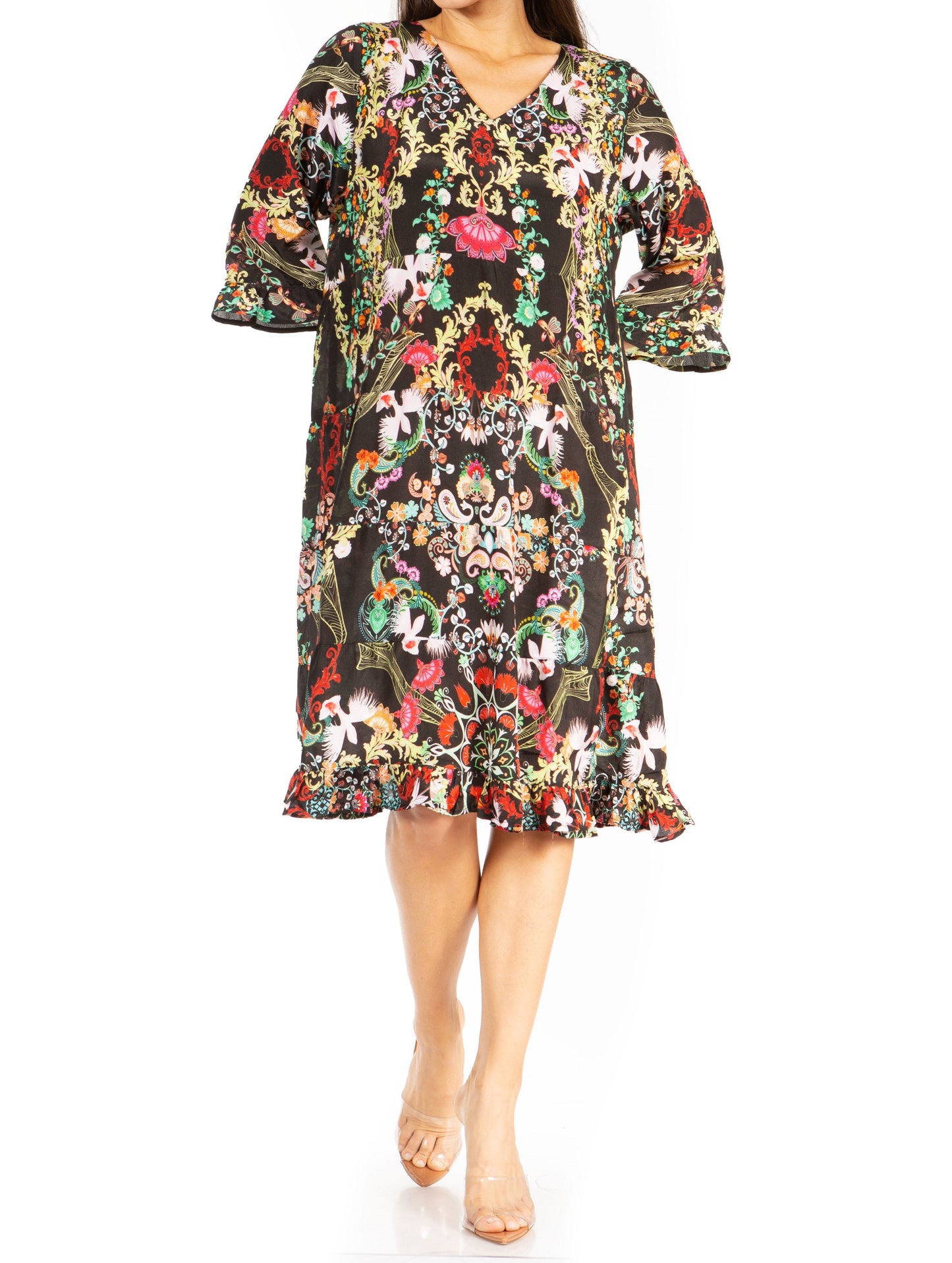 Sakkas Ozana Women's Floral Midi Cocktail Dress, V-Neck, 3/4 Sleeve - Concordia Style Boutique