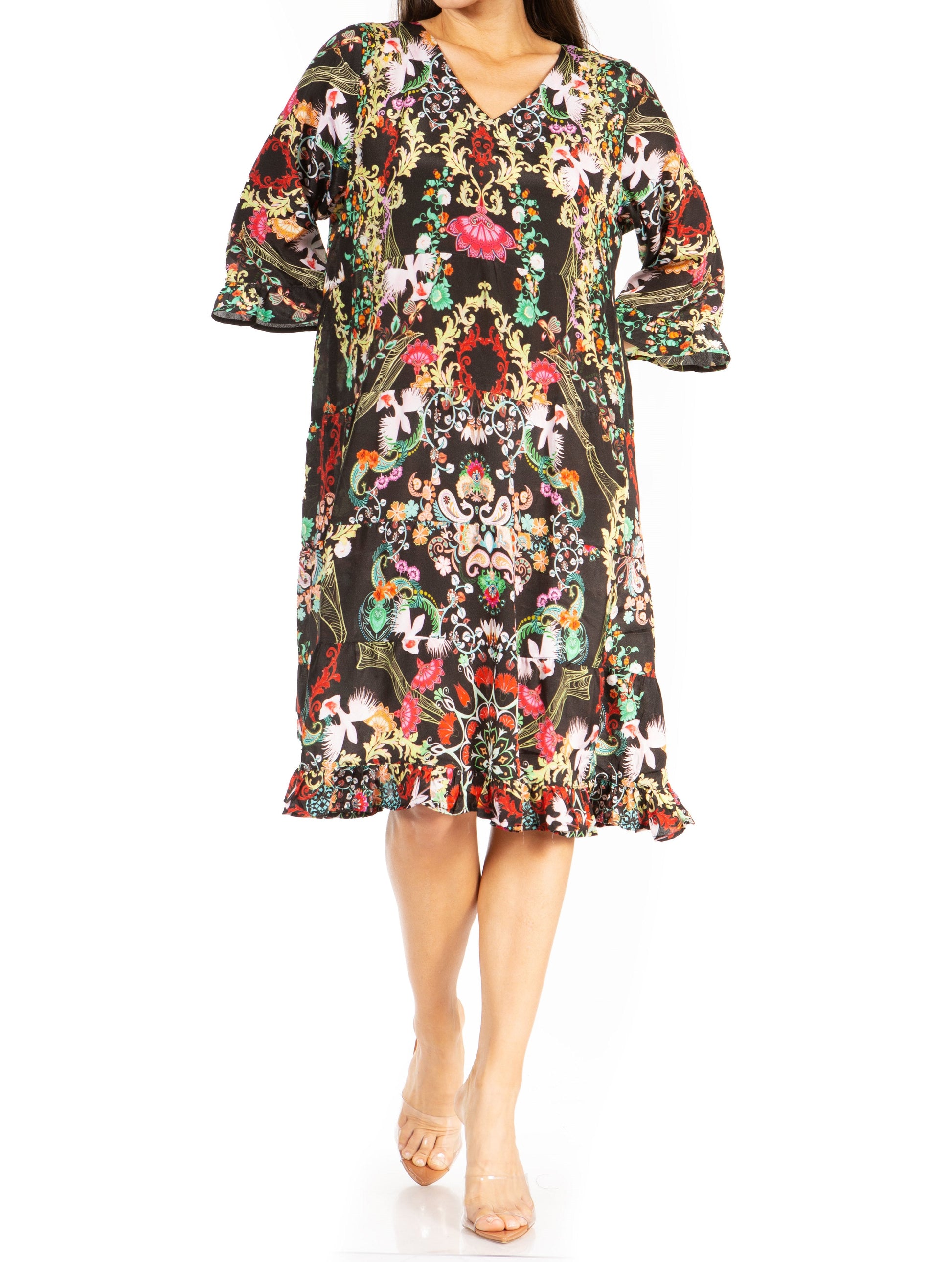 Sakkas Ozana Women's Floral Midi Cocktail Dress, V-Neck, 3/4 Sleeve - Concordia Style Boutique