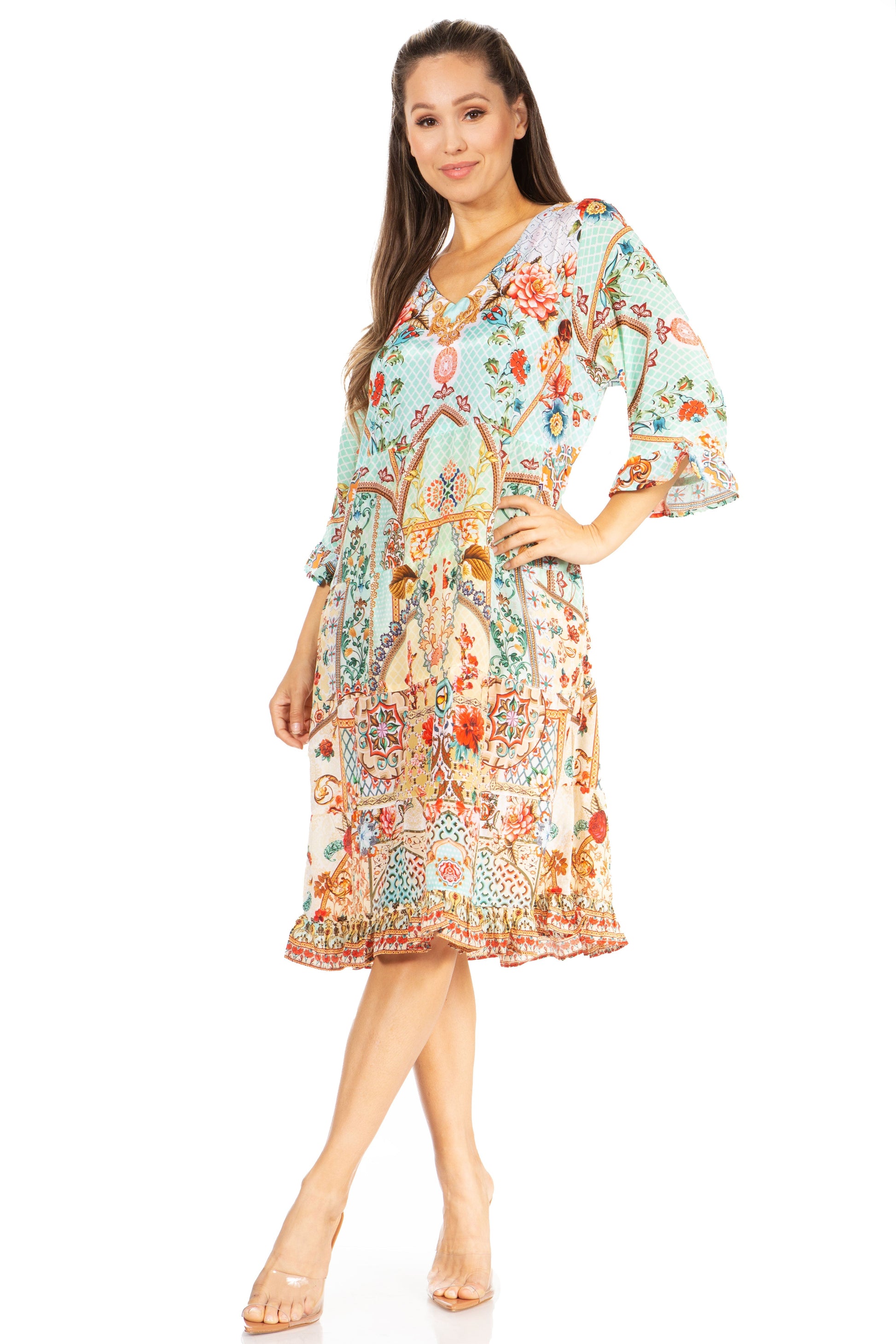Sakkas Ozana Women's Floral Midi Cocktail Dress, V-Neck, 3/4 Sleeve - Concordia Style Boutique