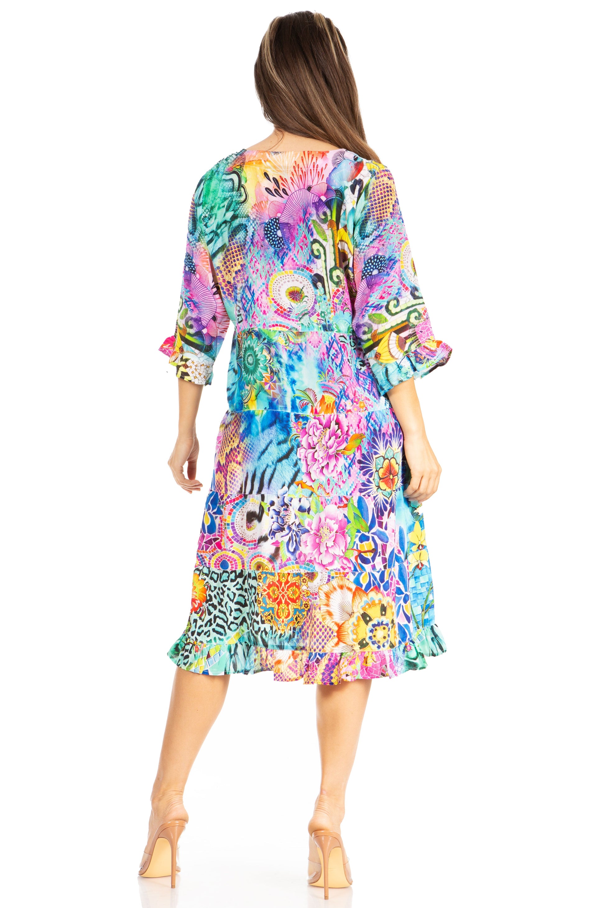 Sakkas Ozana Women's Floral Midi Cocktail Dress, V-Neck, 3/4 Sleeve - Concordia Style Boutique