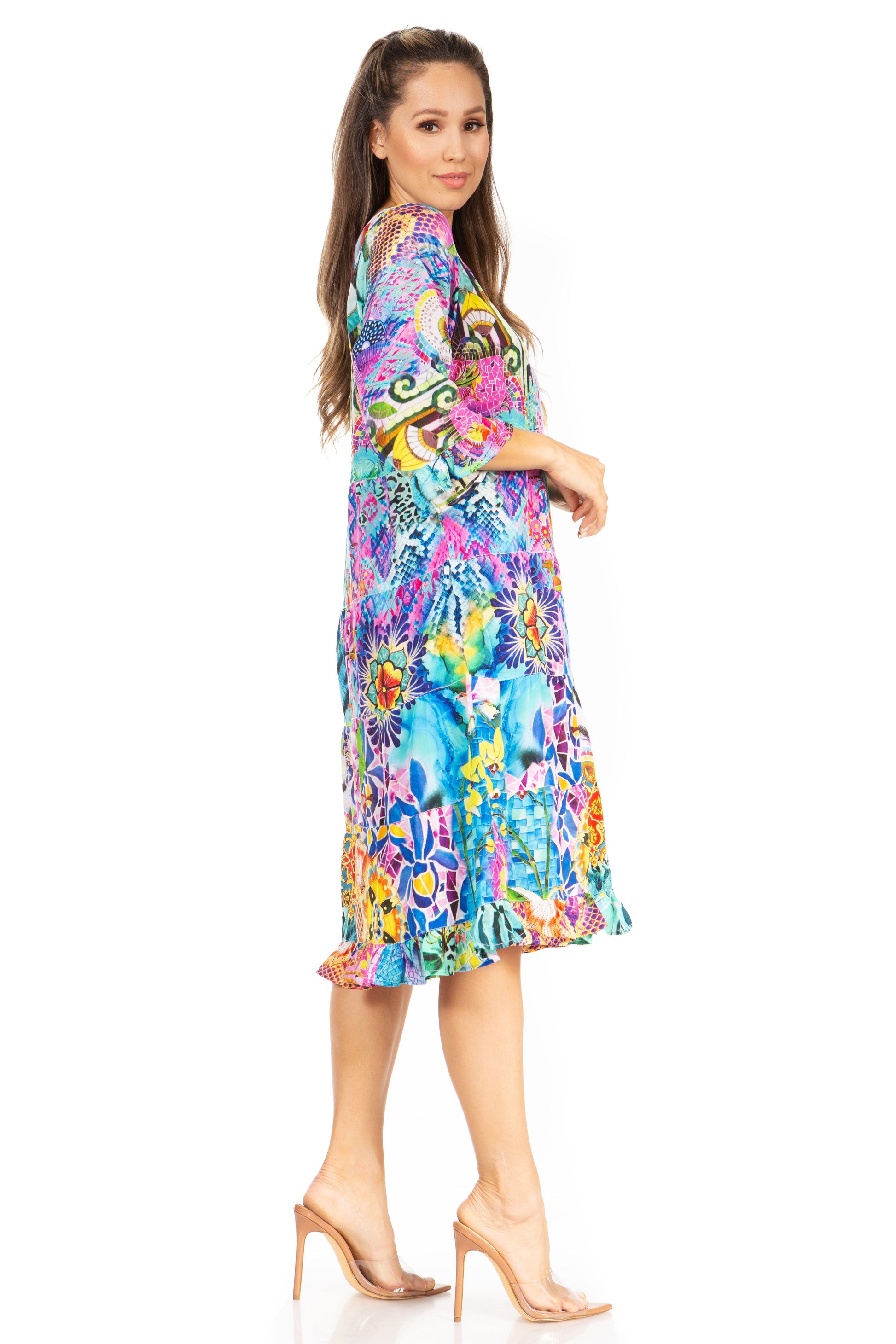 Sakkas Ozana Women's Floral Midi Cocktail Dress, V-Neck, 3/4 Sleeve - Concordia Style Boutique