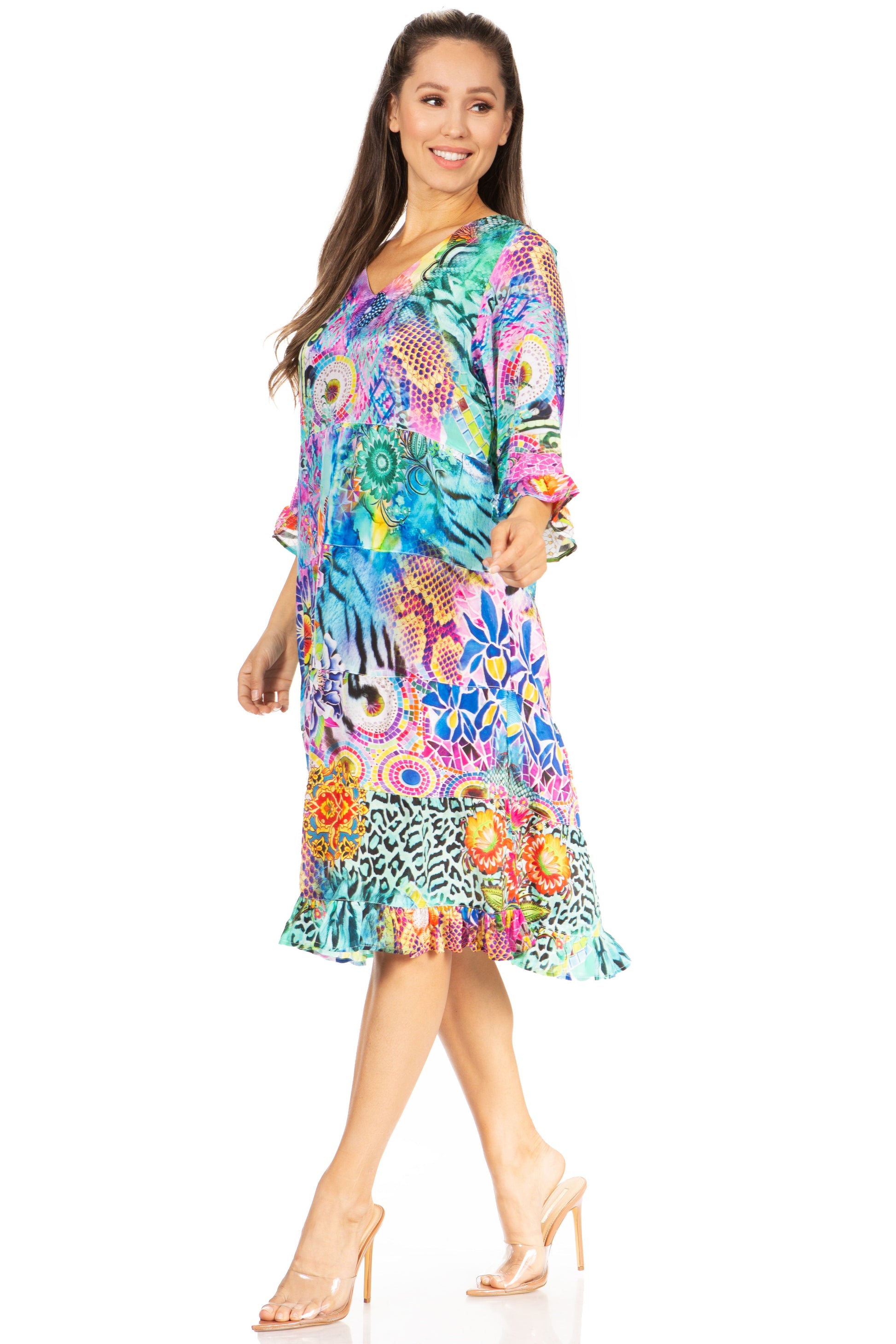 Sakkas Ozana Women's Floral Midi Cocktail Dress, V-Neck, 3/4 Sleeve - Concordia Style Boutique