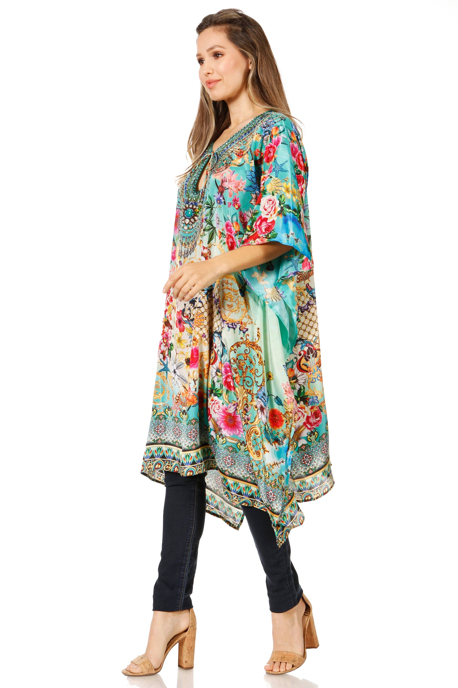 Sakkas Jenni Women's Mid Length Boho Caftan Kaftan Dress Cover up Flowy Rhinestone - Concordia Style Boutique