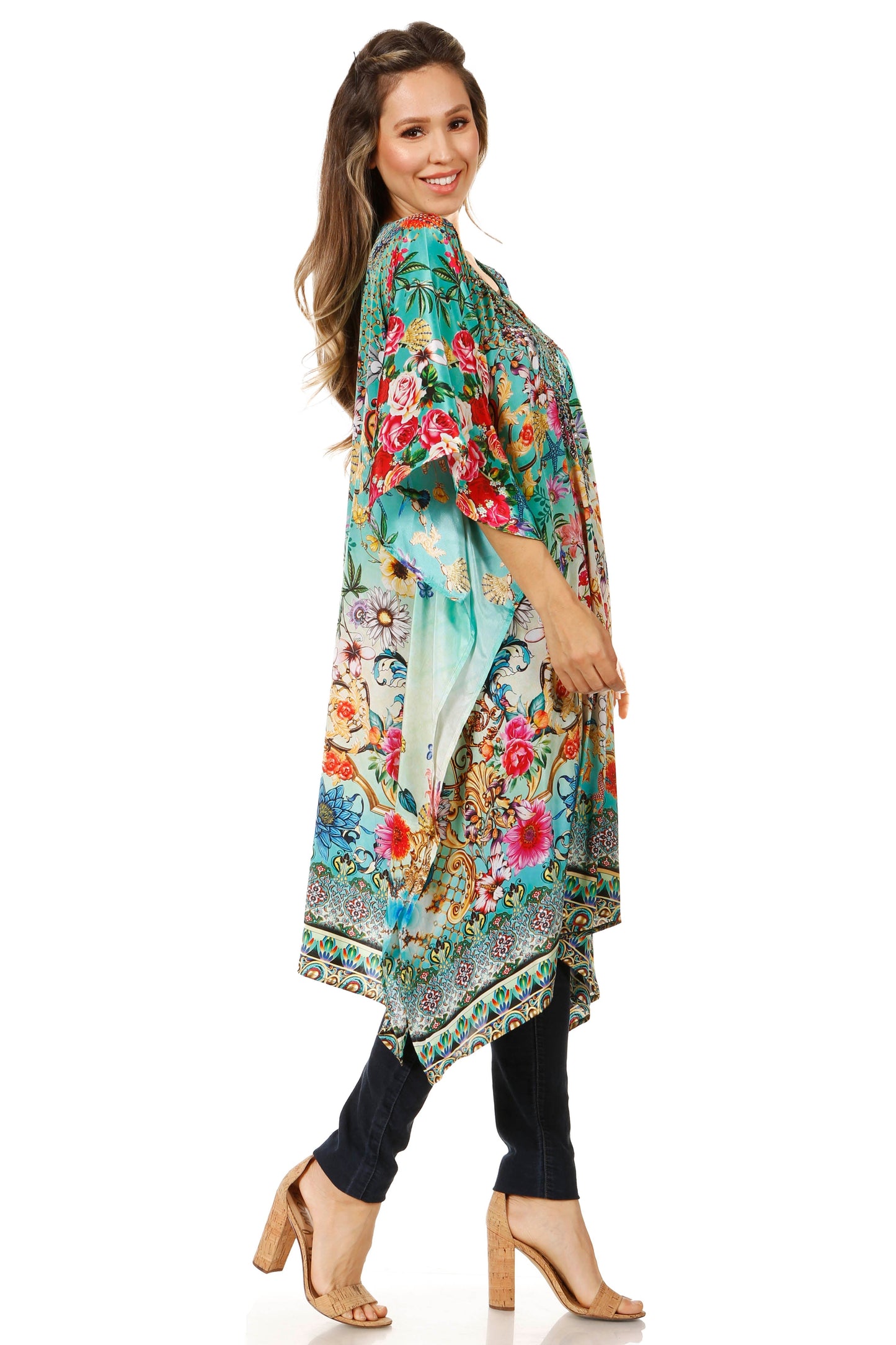 Sakkas Jenni Women's Mid Length Boho Caftan Kaftan Dress Cover up Flowy Rhinestone - Concordia Style Boutique