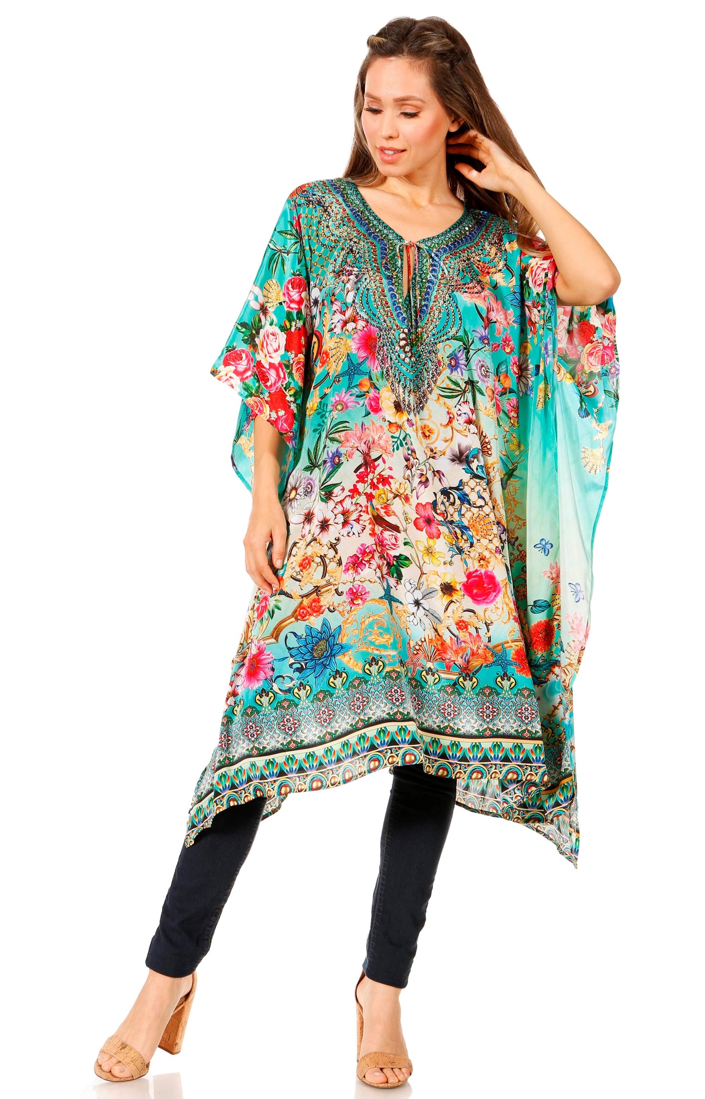 Sakkas Jenni Women's Mid Length Boho Caftan Kaftan Dress Cover up Flowy Rhinestone - Concordia Style Boutique