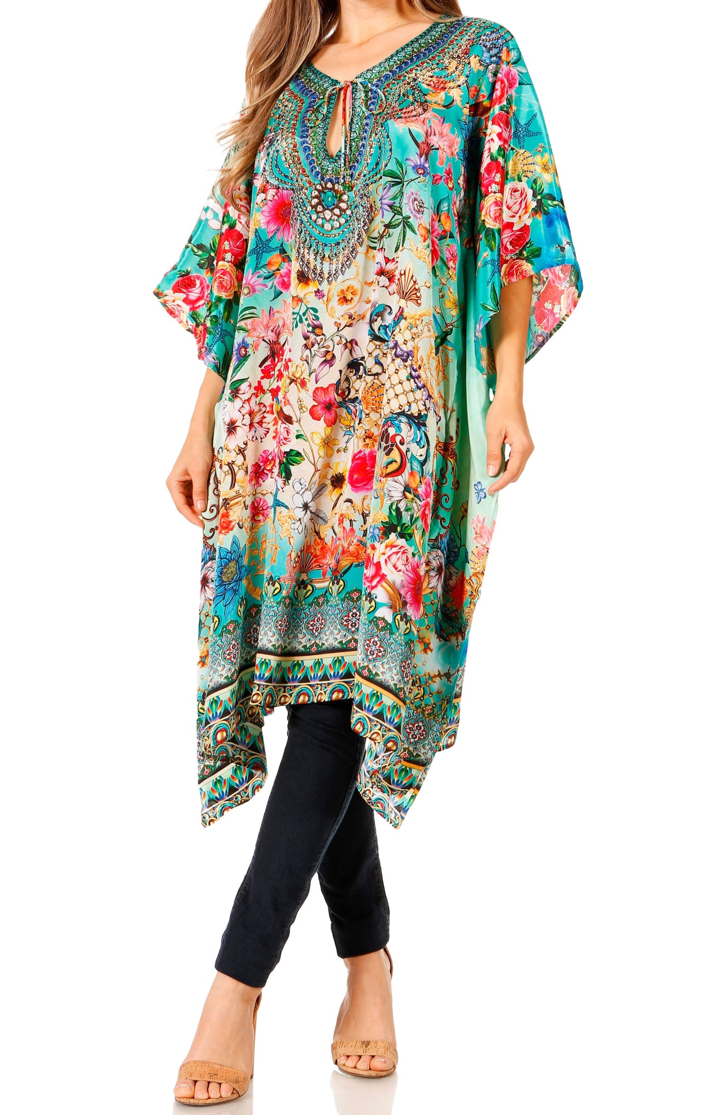 Sakkas Jenni Women's Mid Length Boho Caftan Kaftan Dress Cover up Flowy Rhinestone - Concordia Style Boutique