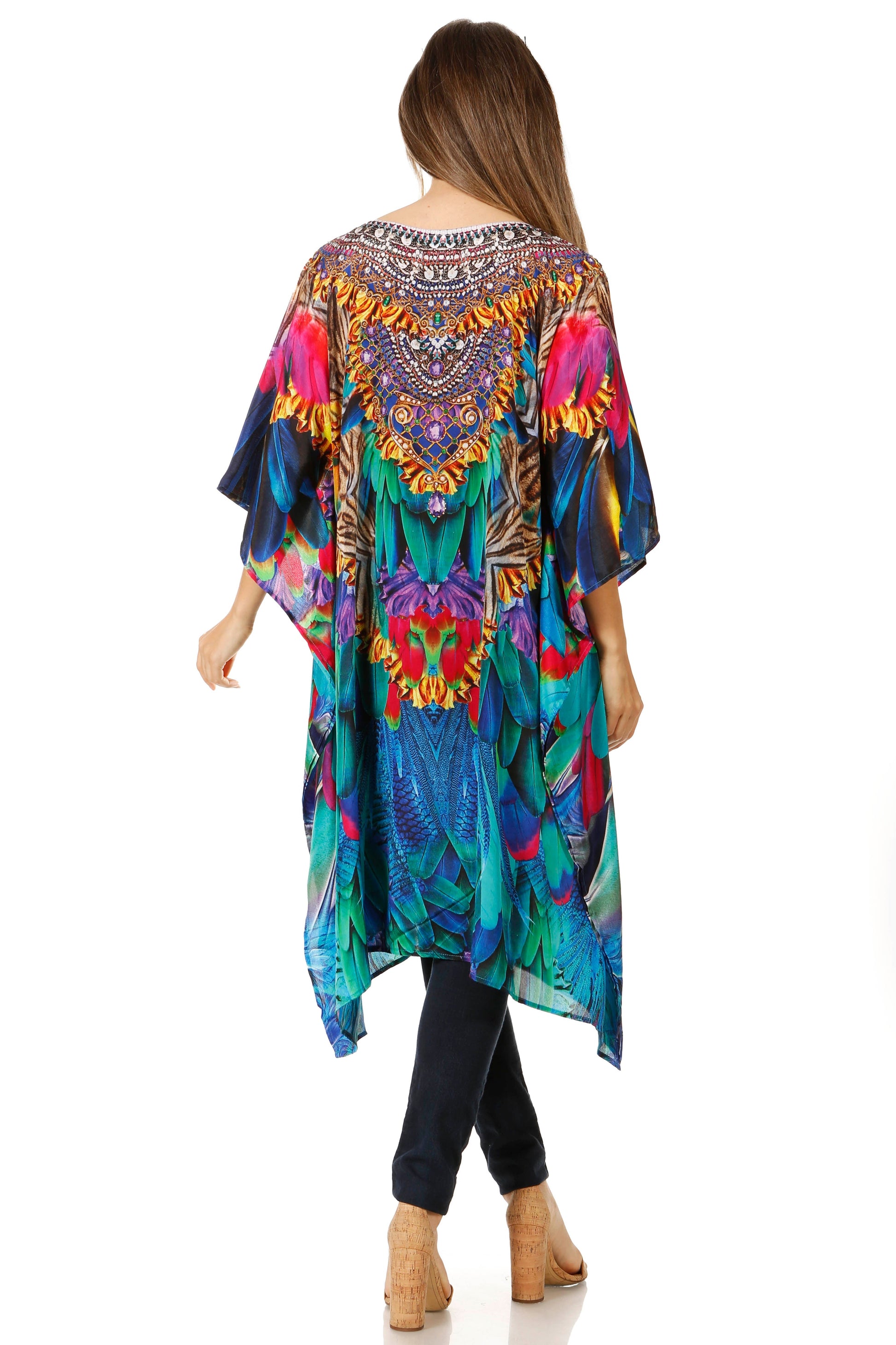 Sakkas Jenni Women's Mid Length Boho Caftan Kaftan Dress Cover up Flowy Rhinestone - Concordia Style Boutique