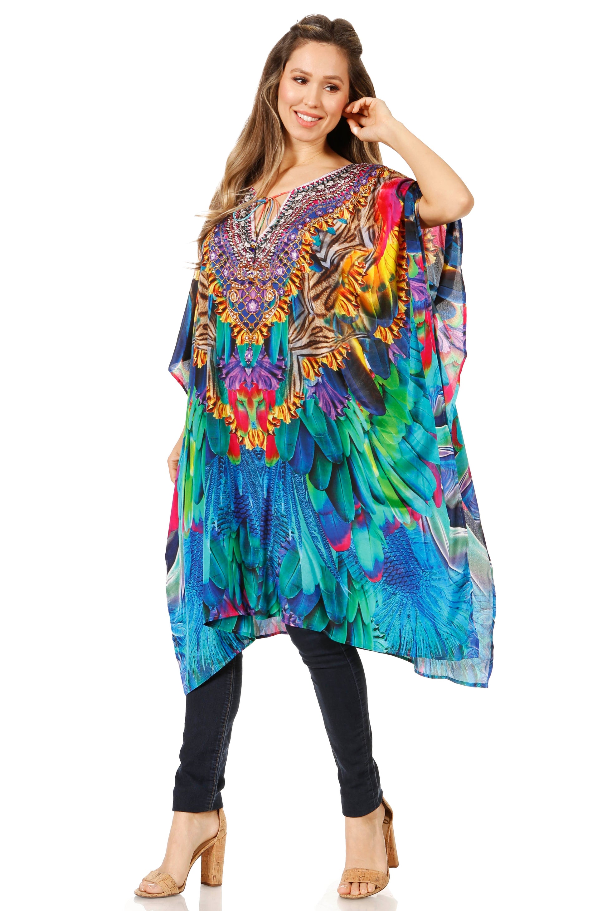 Sakkas Jenni Women's Mid Length Boho Caftan Kaftan Dress Cover up Flowy Rhinestone - Concordia Style Boutique