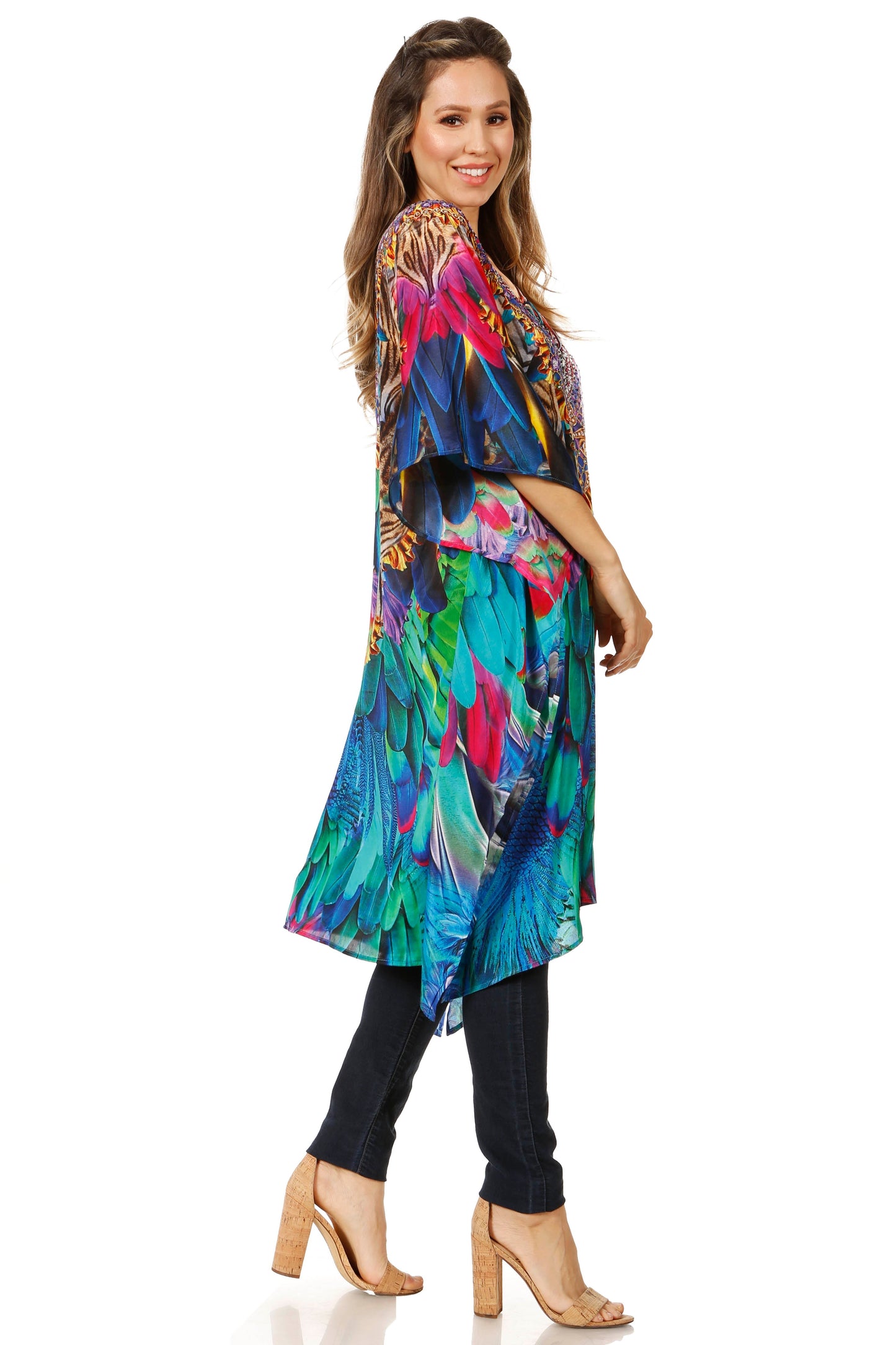 Sakkas Jenni Women's Mid Length Boho Caftan Kaftan Dress Cover up Flowy Rhinestone - Concordia Style Boutique