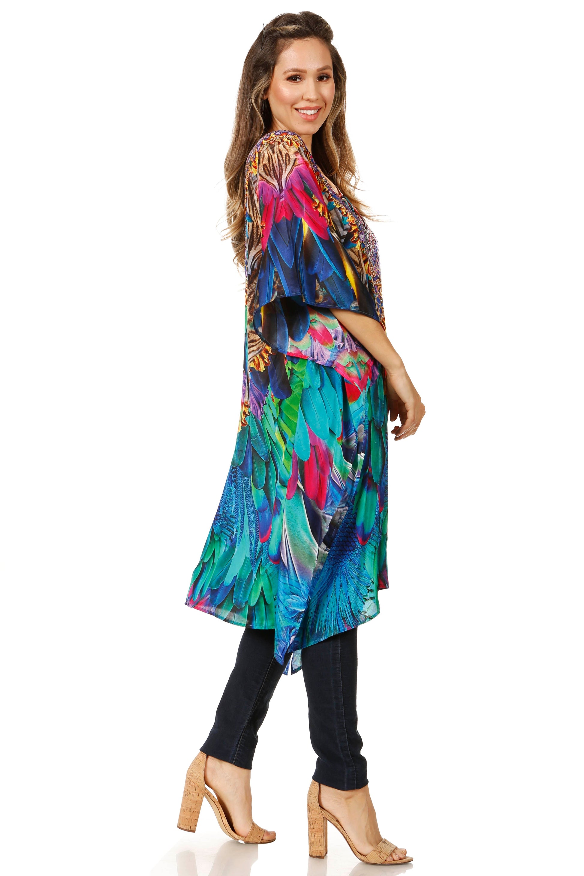 Sakkas Jenni Women's Mid Length Boho Caftan Kaftan Dress Cover up Flowy Rhinestone - Concordia Style Boutique