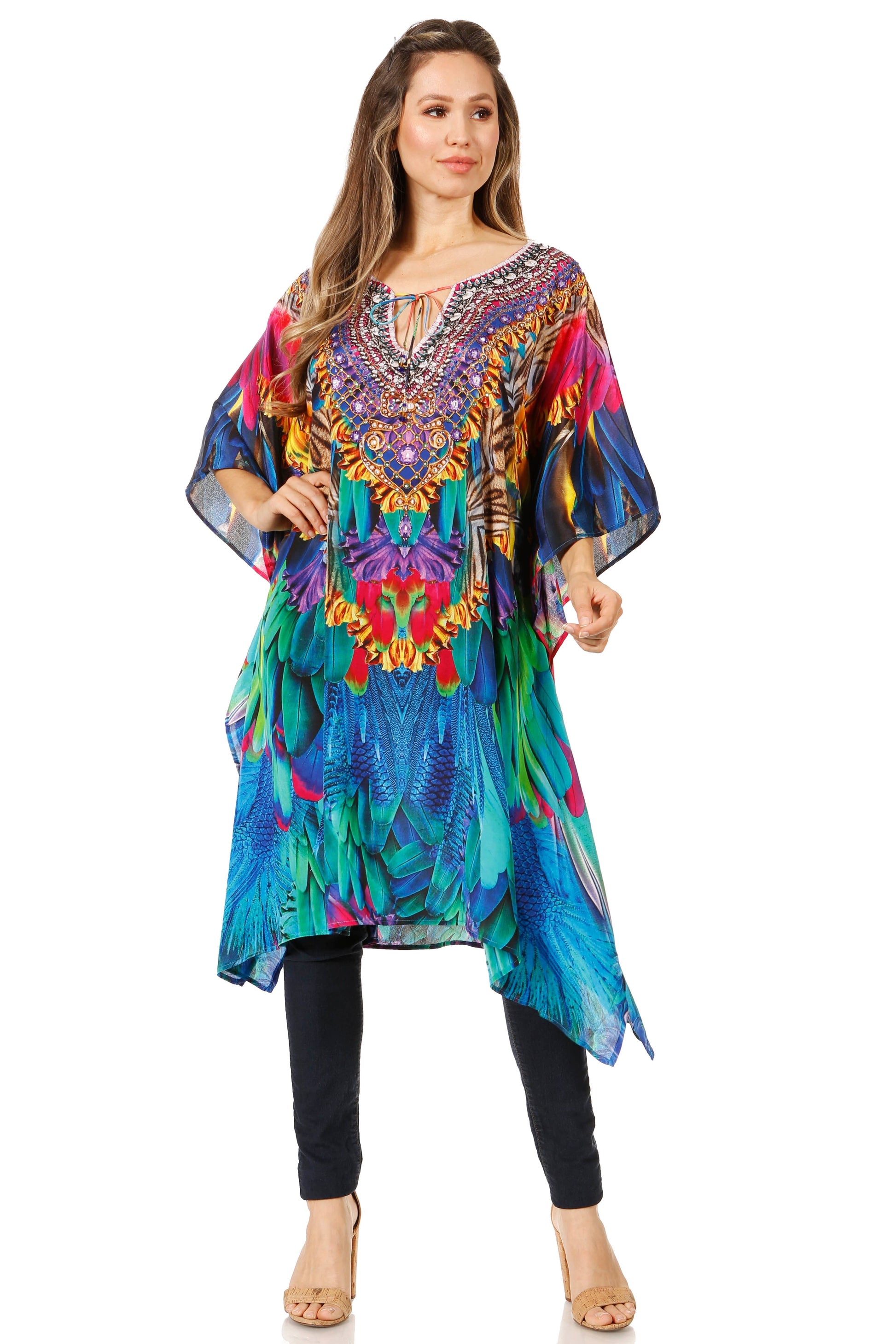 Sakkas Jenni Women's Mid Length Boho Caftan Kaftan Dress Cover up Flowy Rhinestone - Concordia Style Boutique