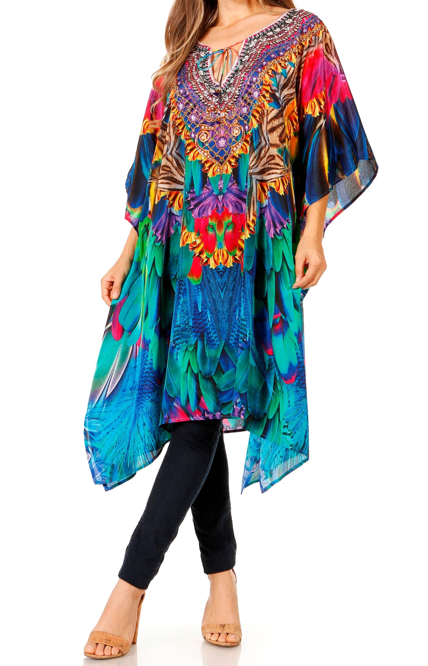 Sakkas Jenni Women's Mid Length Boho Caftan Kaftan Dress Cover up Flowy Rhinestone - Concordia Style Boutique