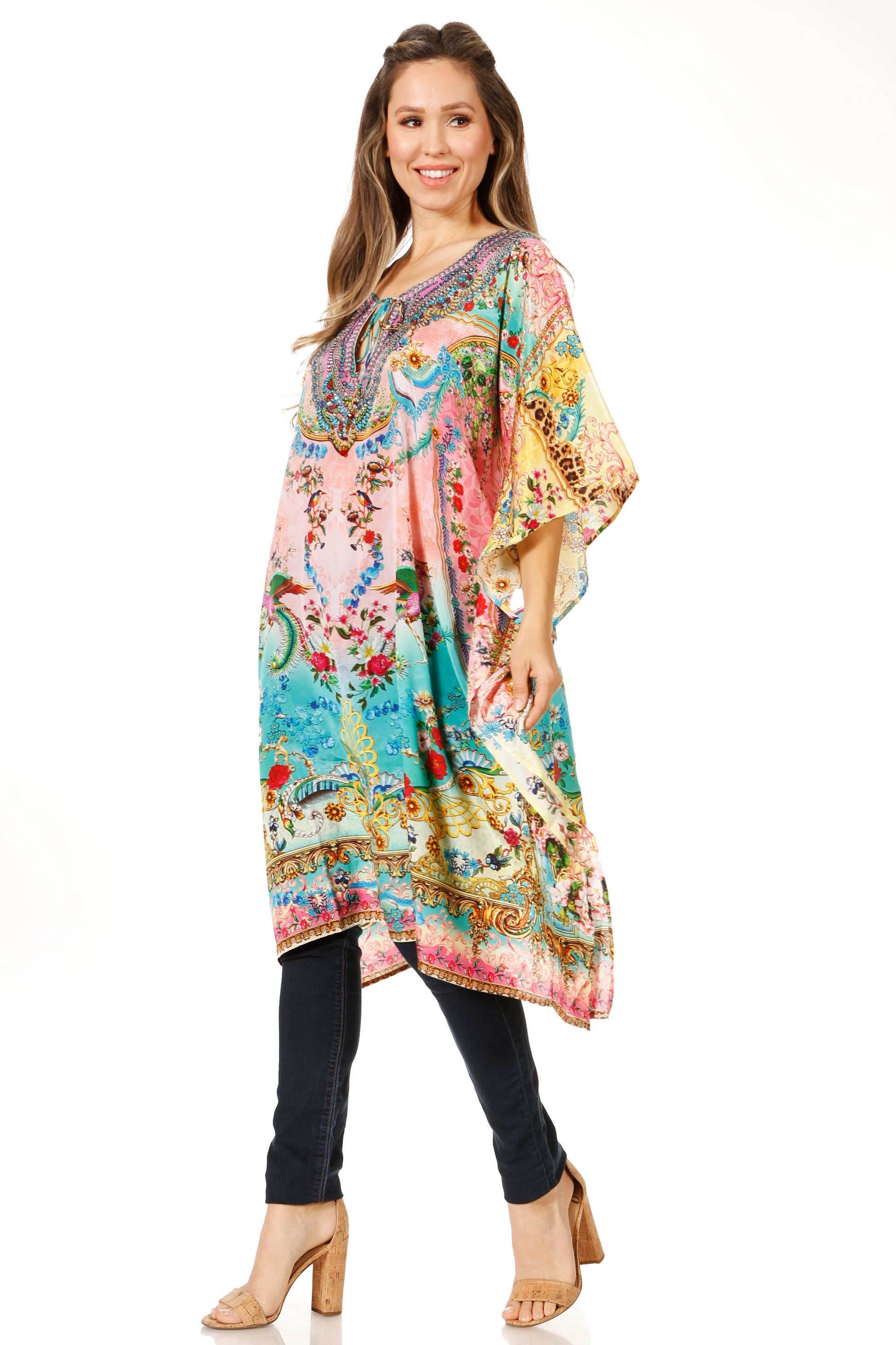 Sakkas Jenni Women's Mid Length Boho Caftan Kaftan Dress Cover up Flowy Rhinestone - Concordia Style Boutique