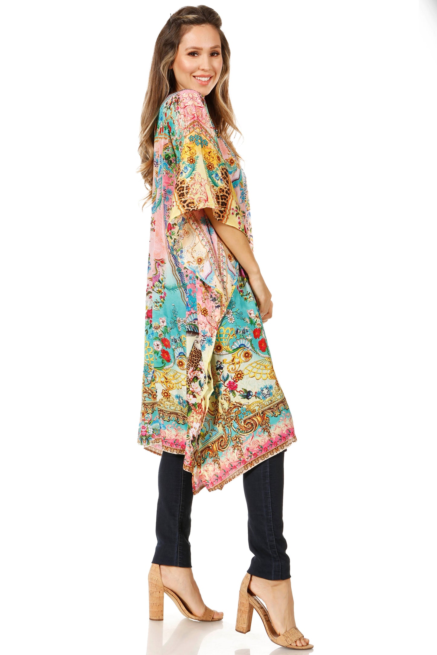 Sakkas Jenni Women's Mid Length Boho Caftan Kaftan Dress Cover up Flowy Rhinestone - Concordia Style Boutique