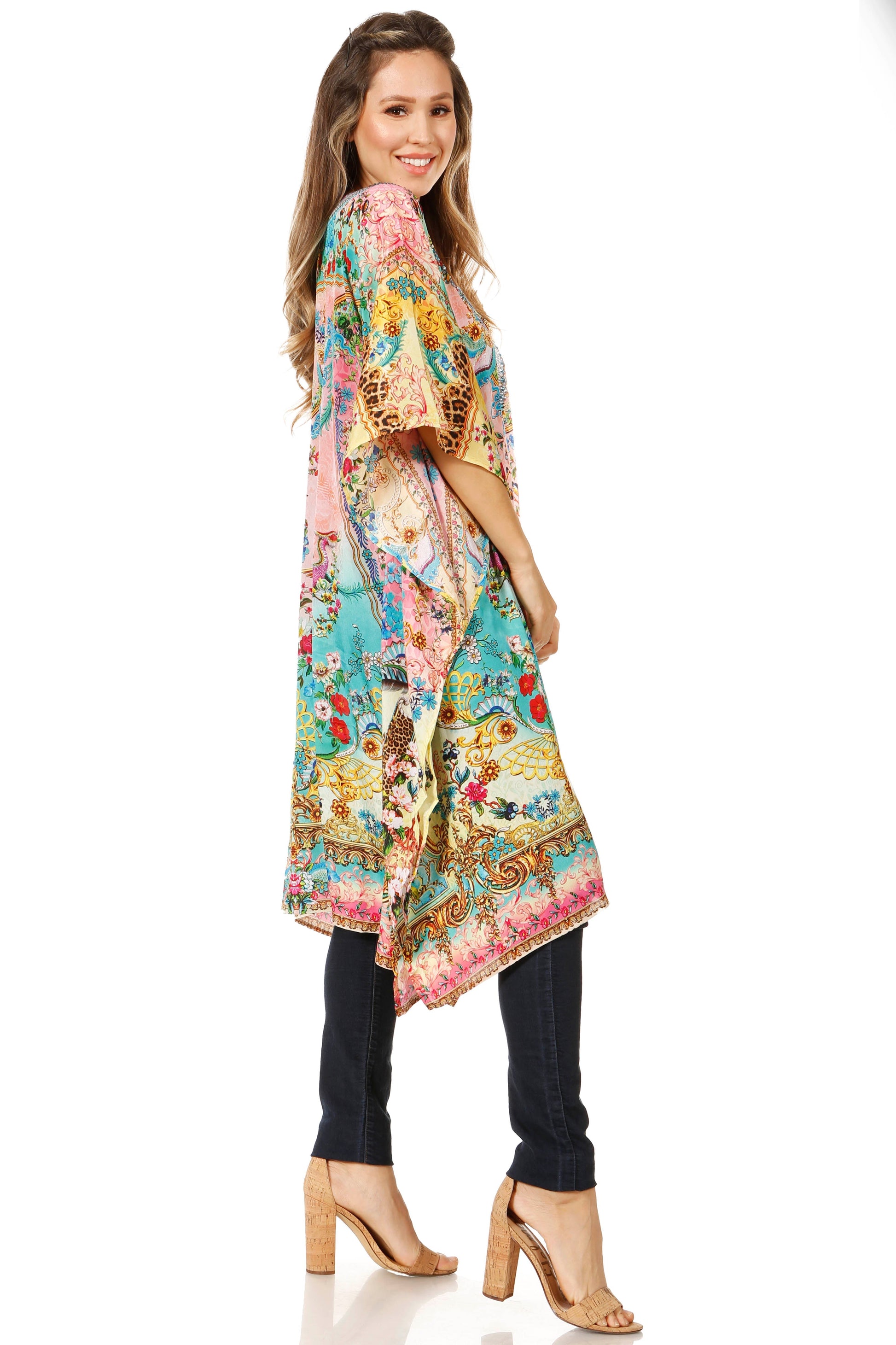 Sakkas Jenni Women's Mid Length Boho Caftan Kaftan Dress Cover up Flowy Rhinestone - Concordia Style Boutique
