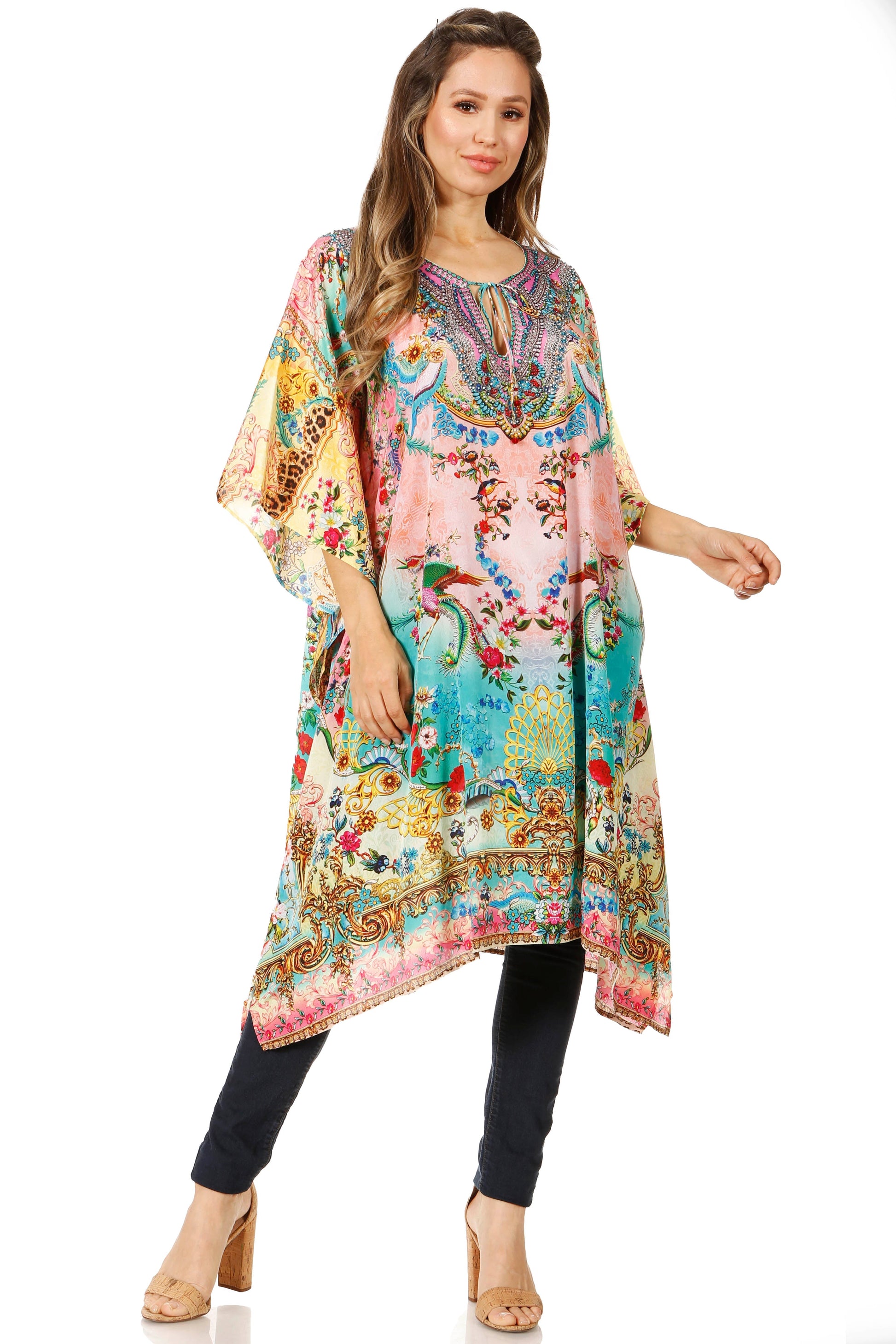 Sakkas Jenni Women's Mid Length Boho Caftan Kaftan Dress Cover up Flowy Rhinestone - Concordia Style Boutique