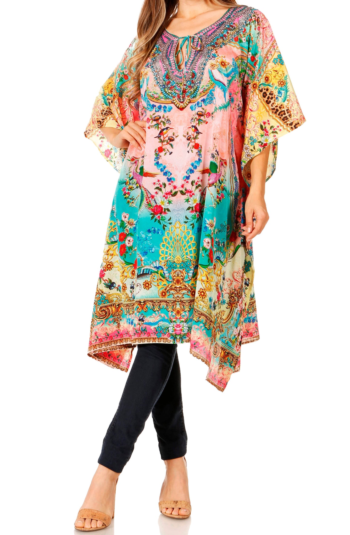Sakkas Jenni Women's Mid Length Boho Caftan Kaftan Dress Cover up Flowy Rhinestone - Concordia Style Boutique