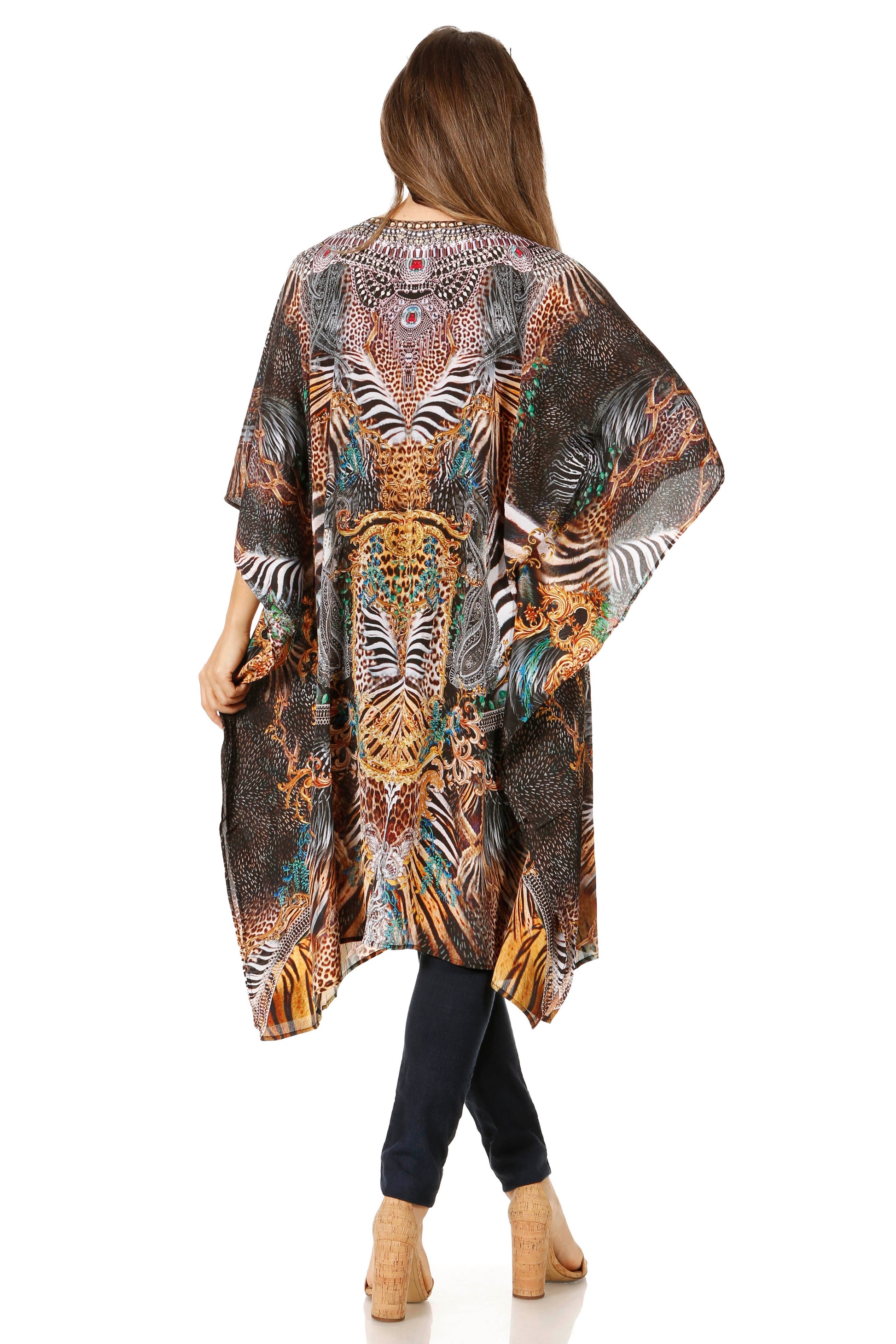 Sakkas Jenni Women's Mid Length Boho Caftan Kaftan Dress Cover up Flowy Rhinestone - Concordia Style Boutique