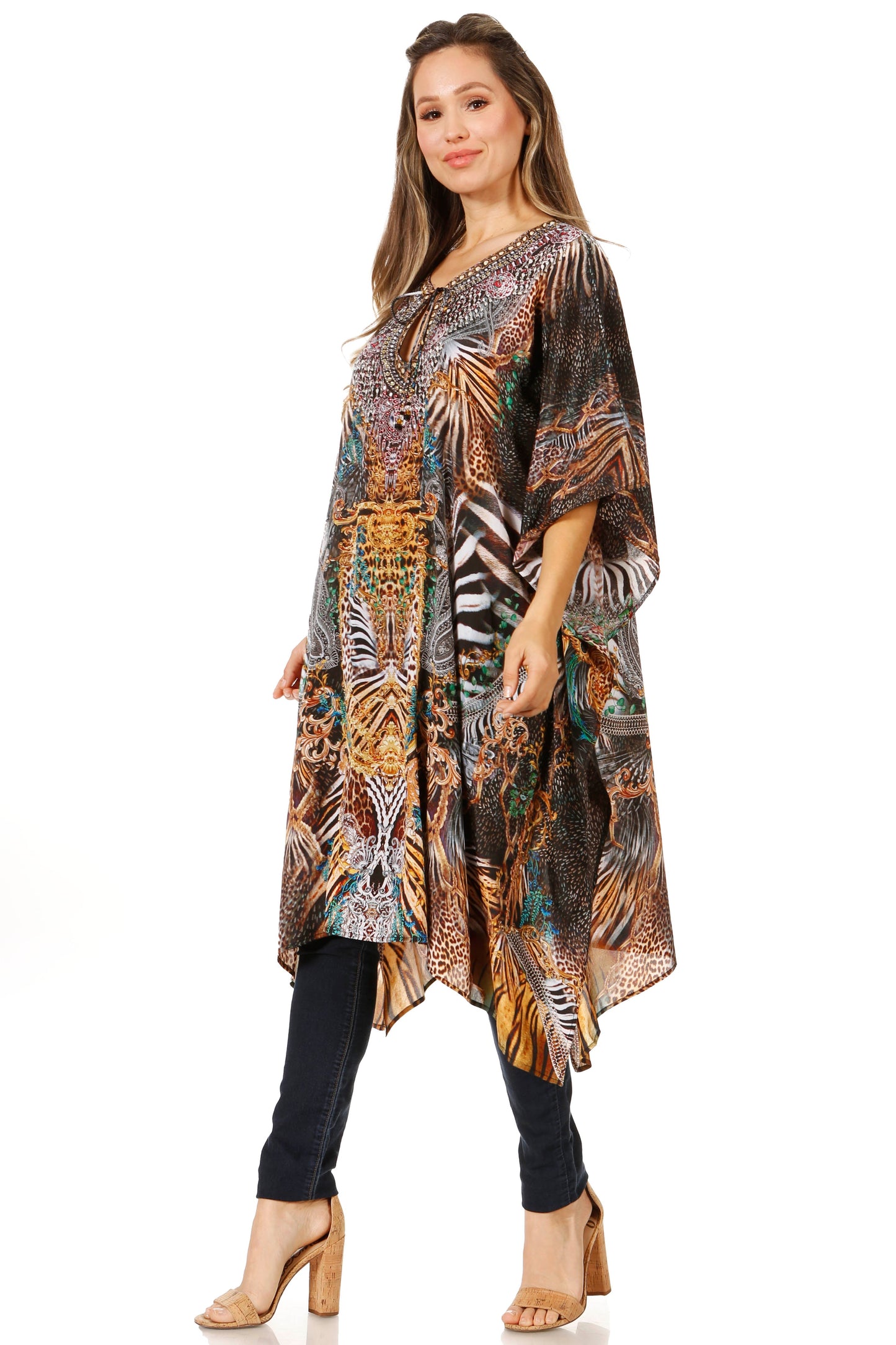Sakkas Jenni Women's Mid Length Boho Caftan Kaftan Dress Cover up Flowy Rhinestone - Concordia Style Boutique
