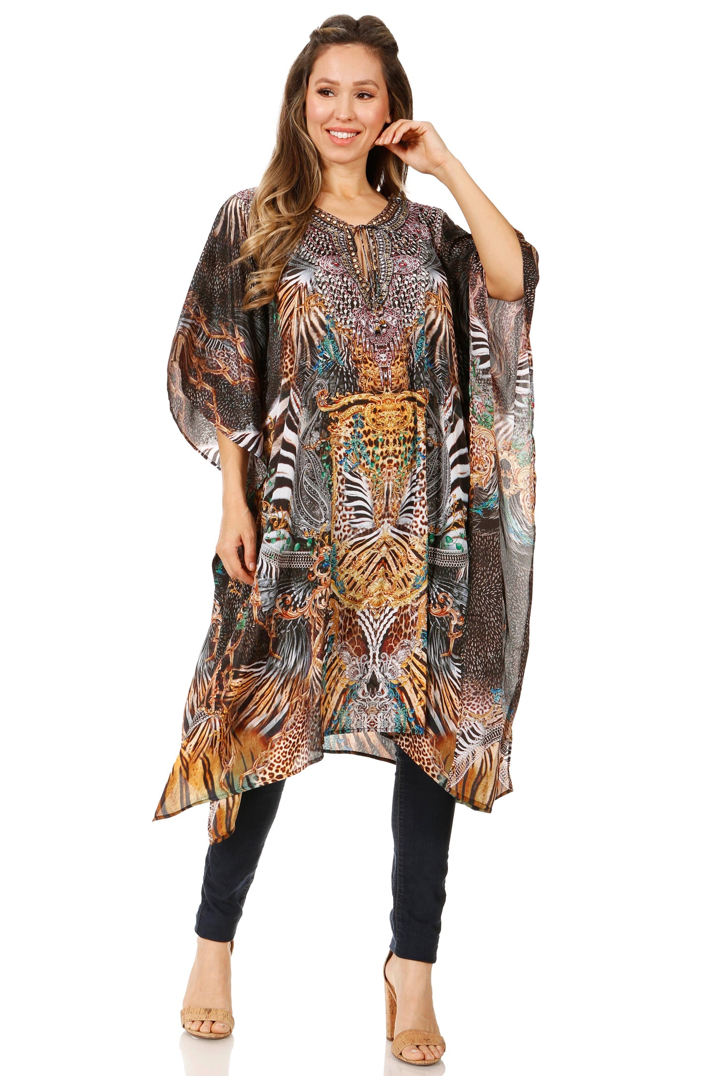 Sakkas Jenni Women's Mid Length Boho Caftan Kaftan Dress Cover up Flowy Rhinestone - Concordia Style Boutique