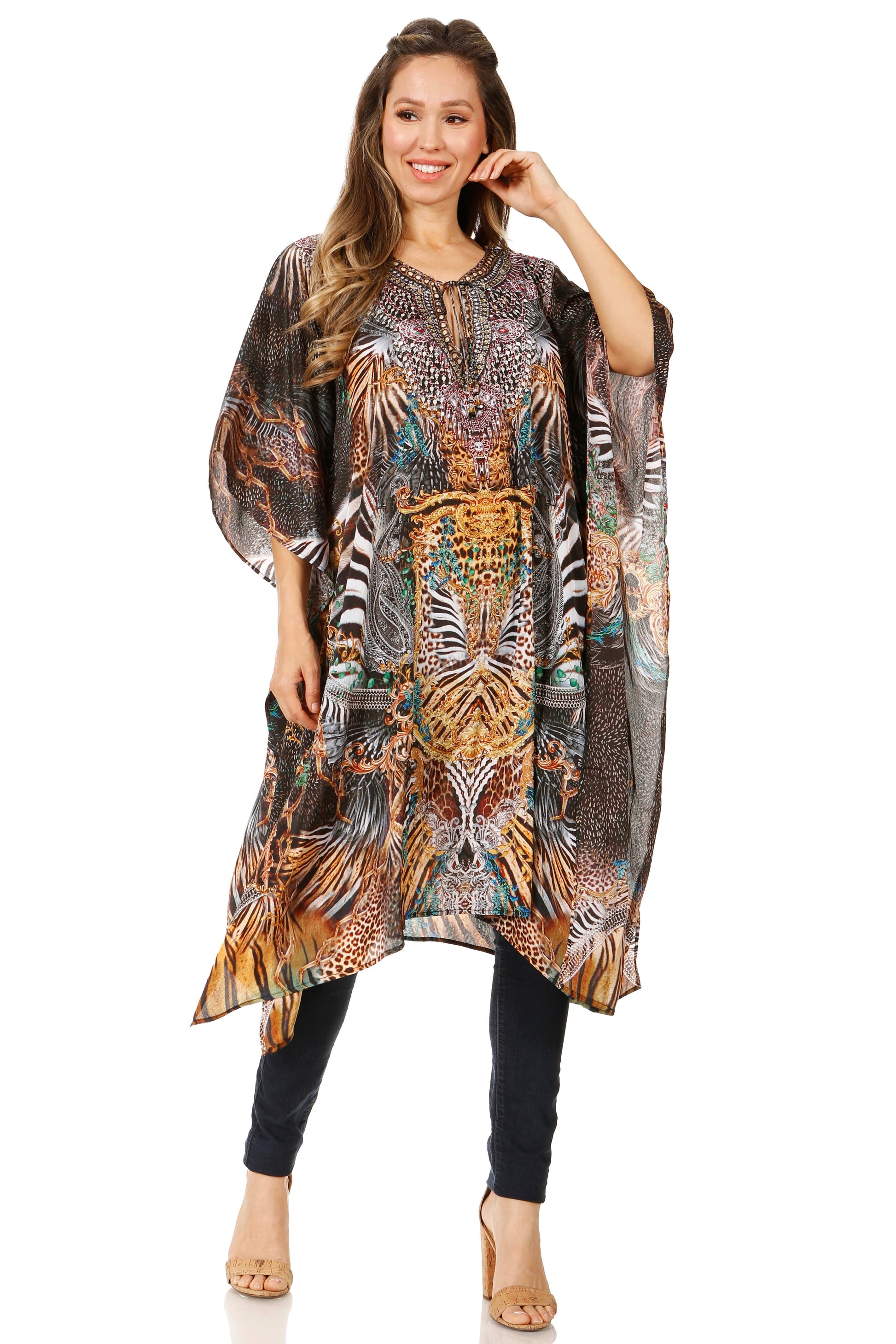 Sakkas Jenni Women's Mid Length Boho Caftan Kaftan Dress Cover up Flowy Rhinestone - Concordia Style Boutique