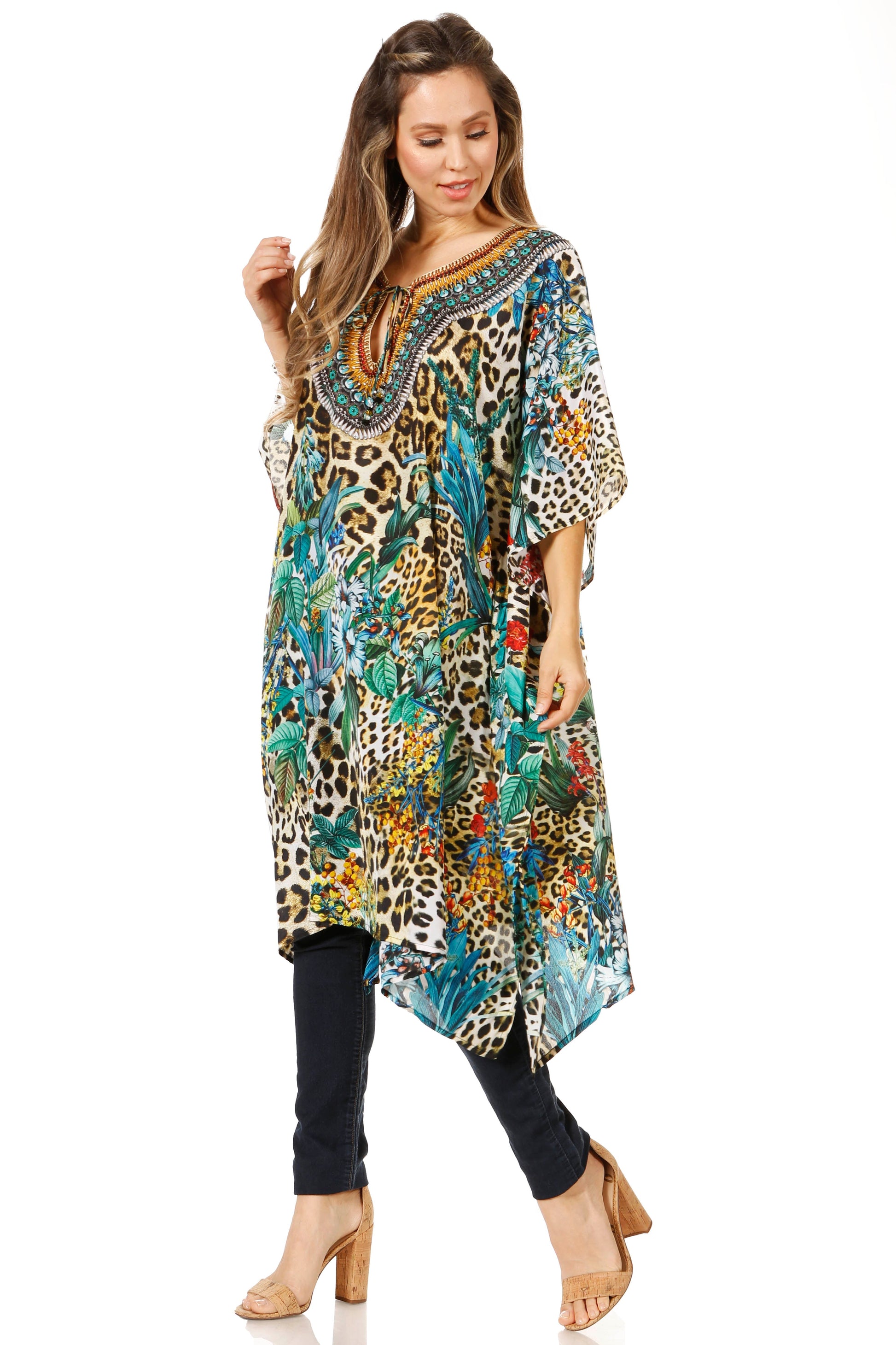 Sakkas Jenni Women's Mid Length Boho Caftan Kaftan Dress Cover up Flowy Rhinestone - Concordia Style Boutique