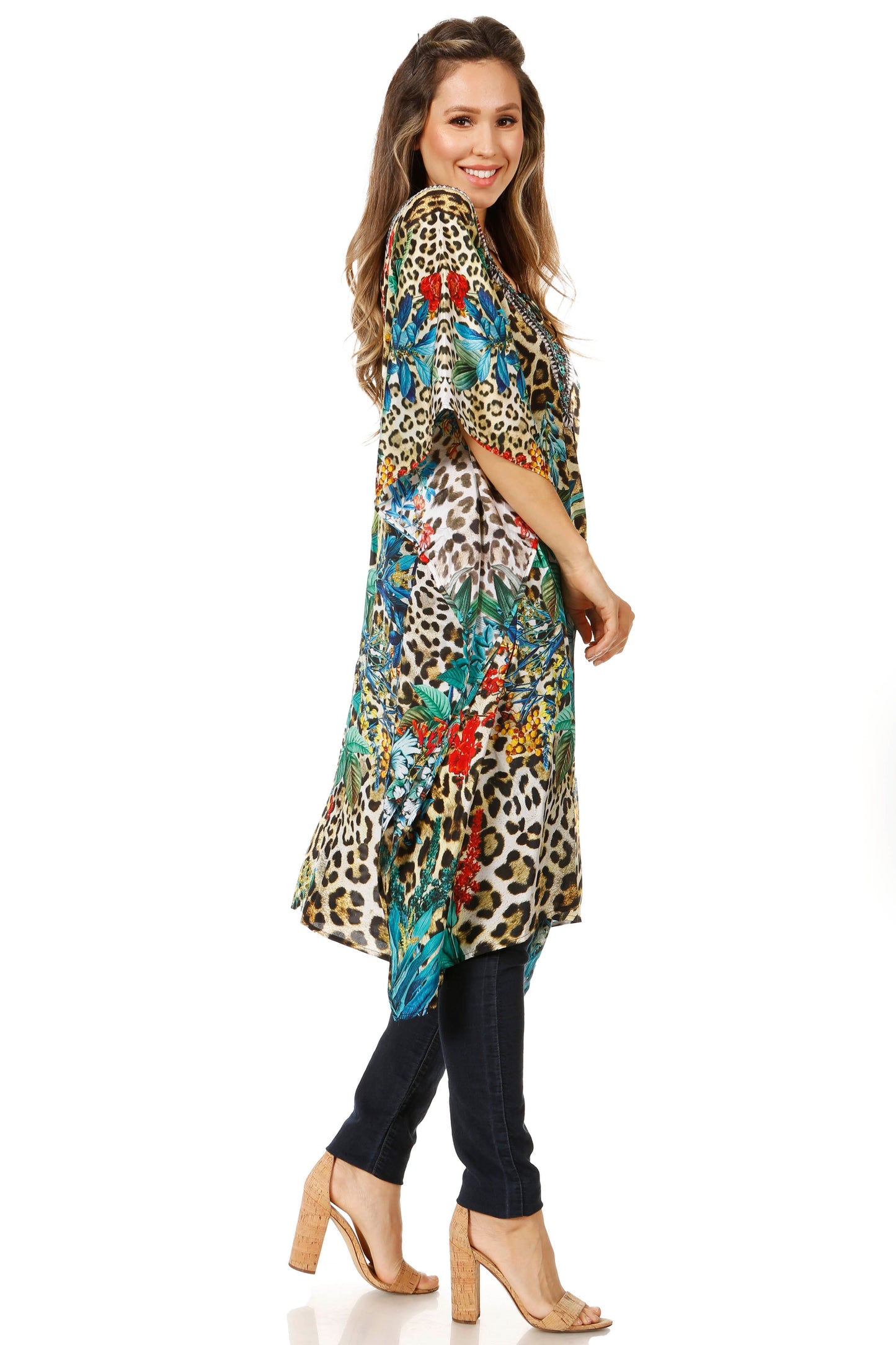 Sakkas Jenni Women's Mid Length Boho Caftan Kaftan Dress Cover up Flowy Rhinestone - Concordia Style Boutique