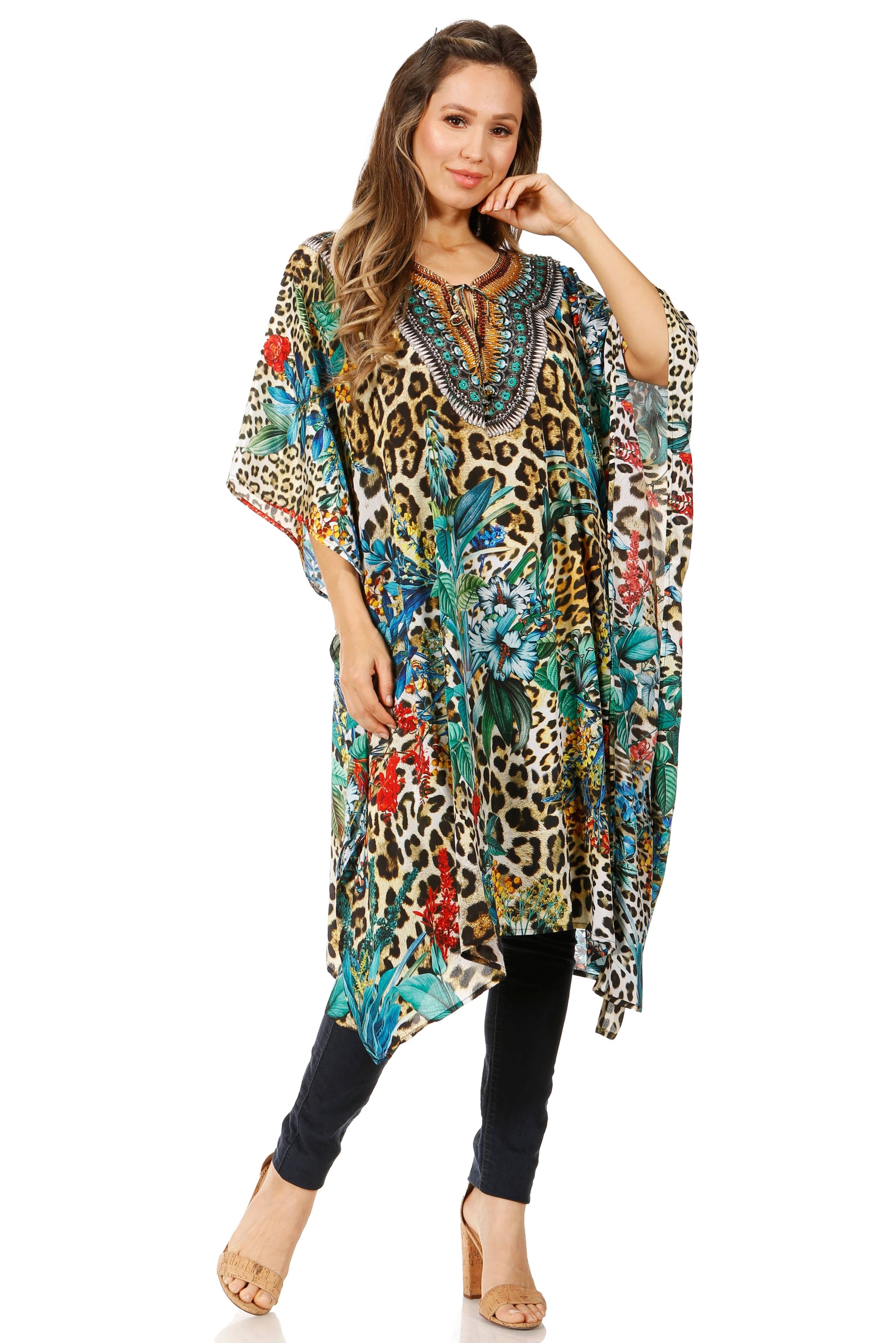 Sakkas Jenni Women's Mid Length Boho Caftan Kaftan Dress Cover up Flowy Rhinestone - Concordia Style Boutique