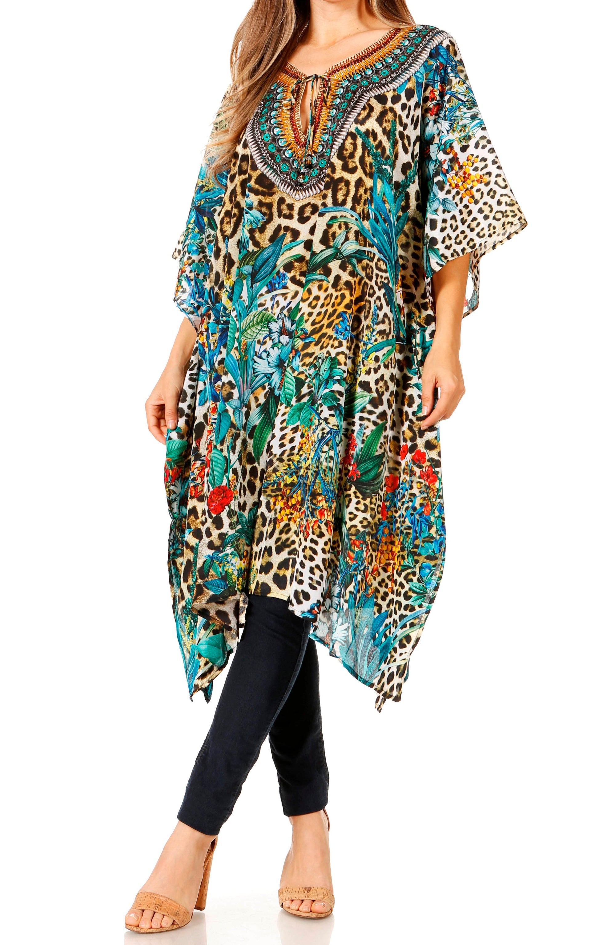 Sakkas Jenni Women's Mid Length Boho Caftan Kaftan Dress Cover up Flowy Rhinestone - Concordia Style Boutique